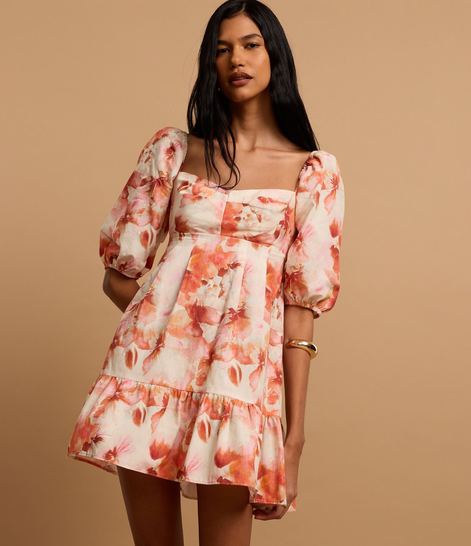 Vestido Curto em Algodão com Manga Bufante e Estampa Floral Coral/Off White 6