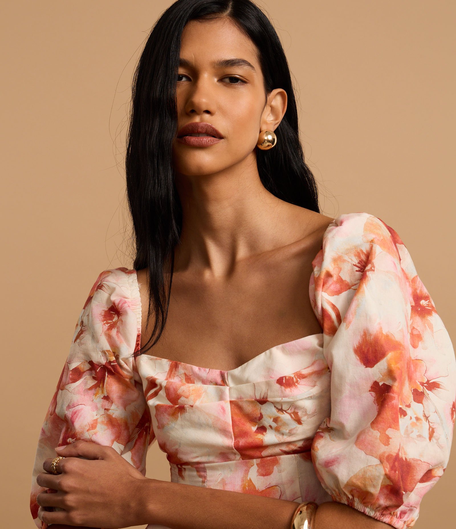 Vestido Curto em Algodão com Manga Bufante e Estampa Floral Coral/Off White 7