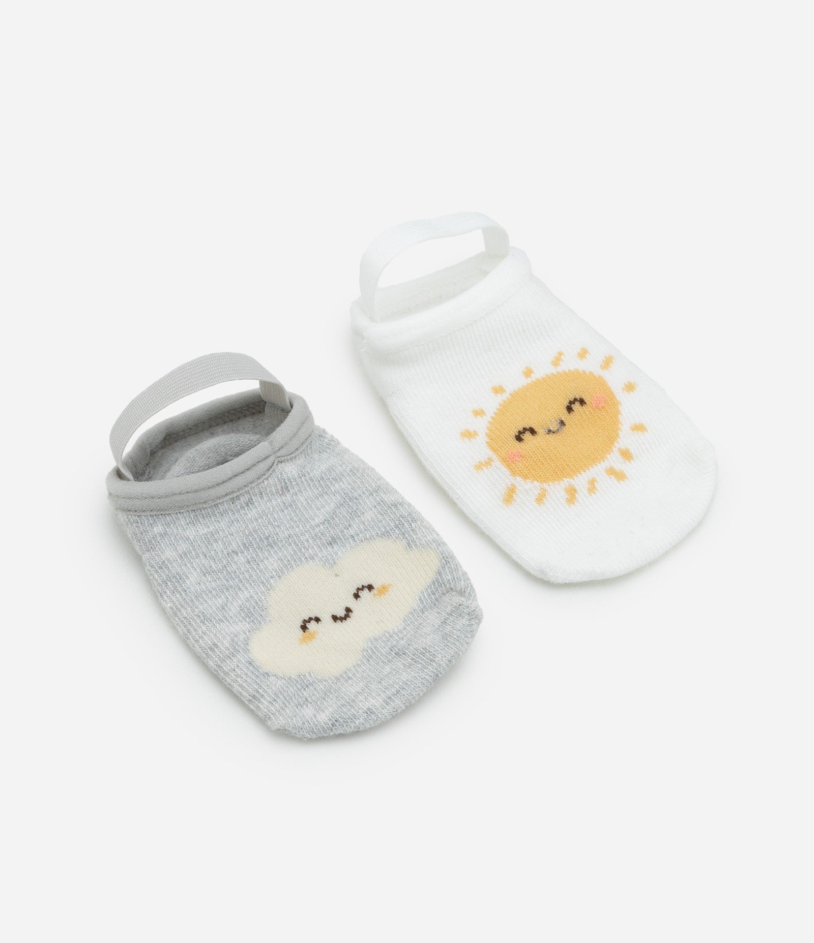 Kit 02 Meias Infantis Sapatilha com Antiderrapante Sol e Nuvem - Tam 0 a 12 meses Cinza/Branco 2