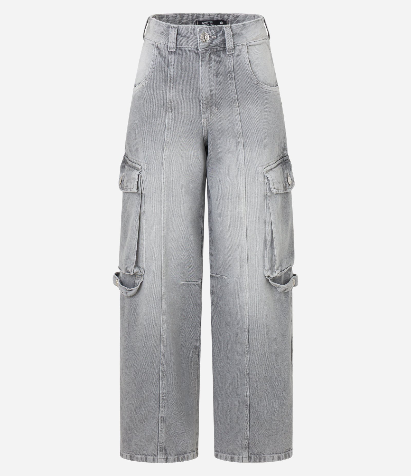 Calça Reta em Jeans com Recorte Frontal e Bolsos Cargo Cinza 5