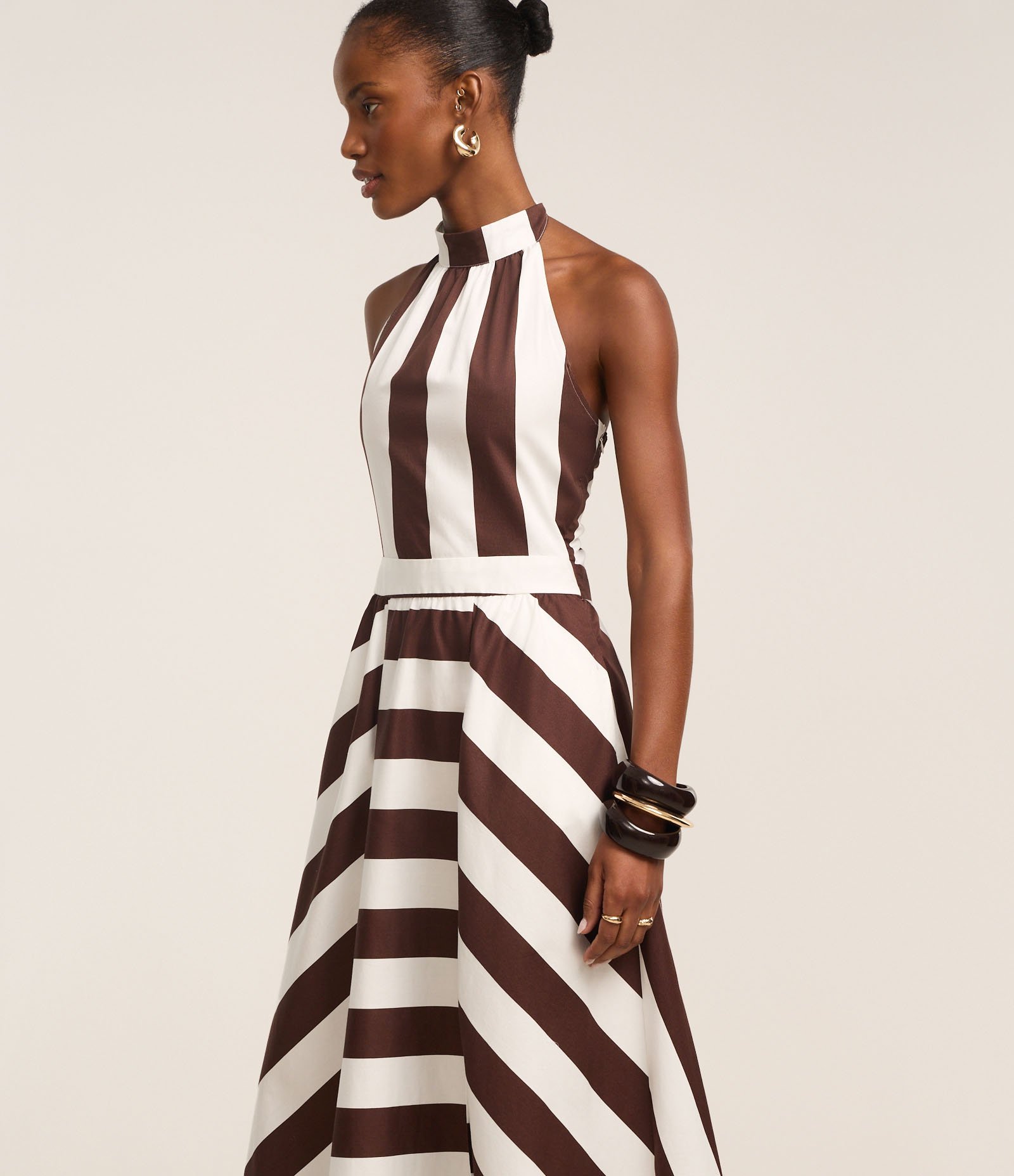 Vestido Midi em Tricoline com Amarração Marrom/Branco 3