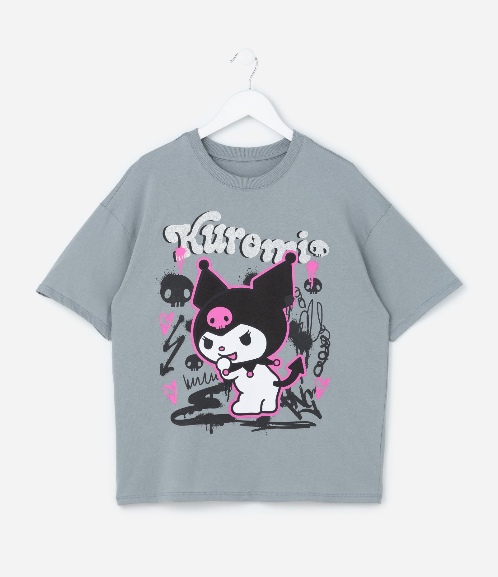 Camiseta Infantil com Estampa da Kuromi com Brilhos - Tam 5 a 14 Anos Cinza 1