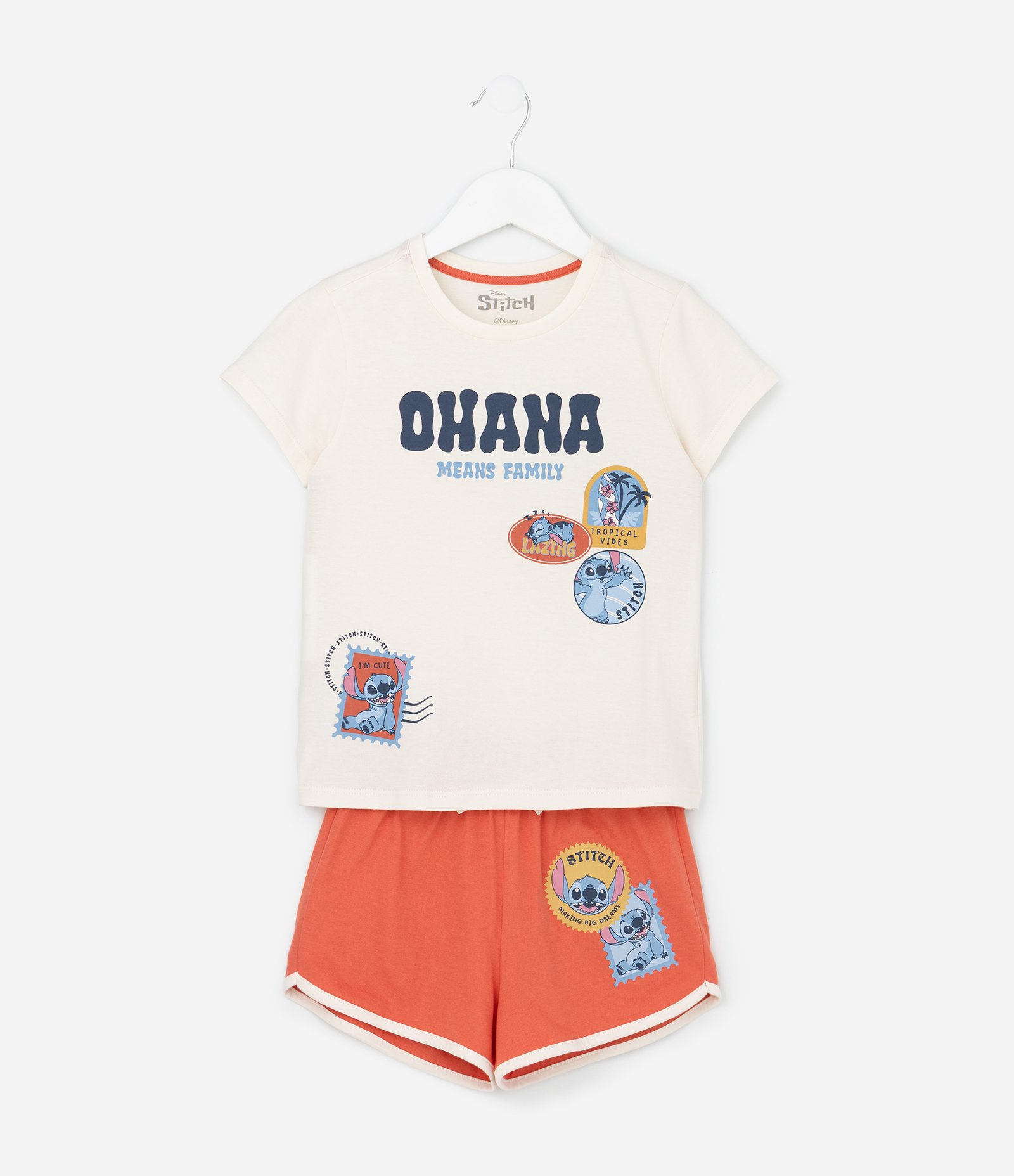 Pijama Infantil com Estampa do Stitch Ohana - Tam 2 a 14 Anos Bege/Laranja 1