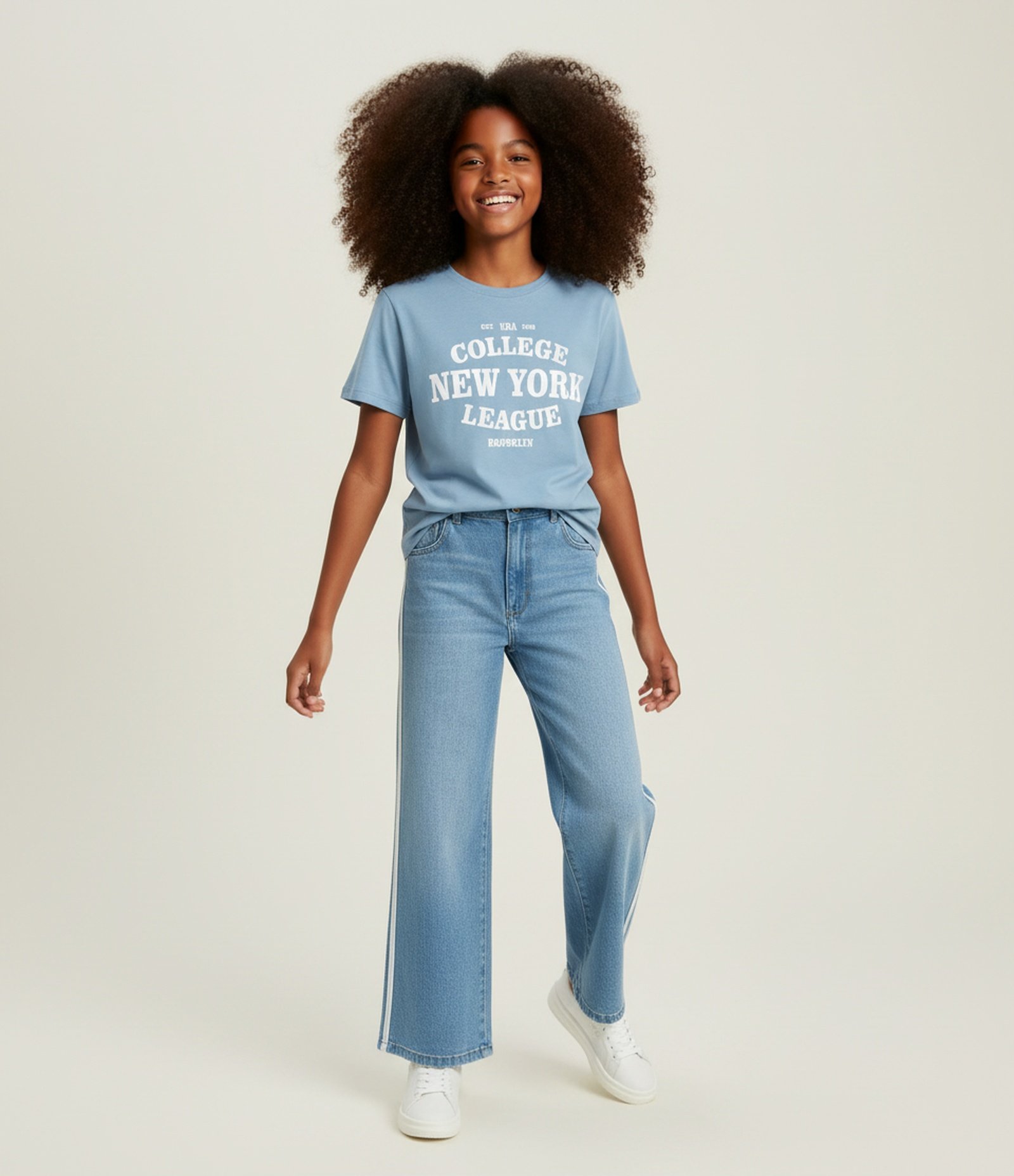 Calça Wide Leg Infantil Jeans com Listras Laterais - Tam 5 a 14 Anos Azul 1
