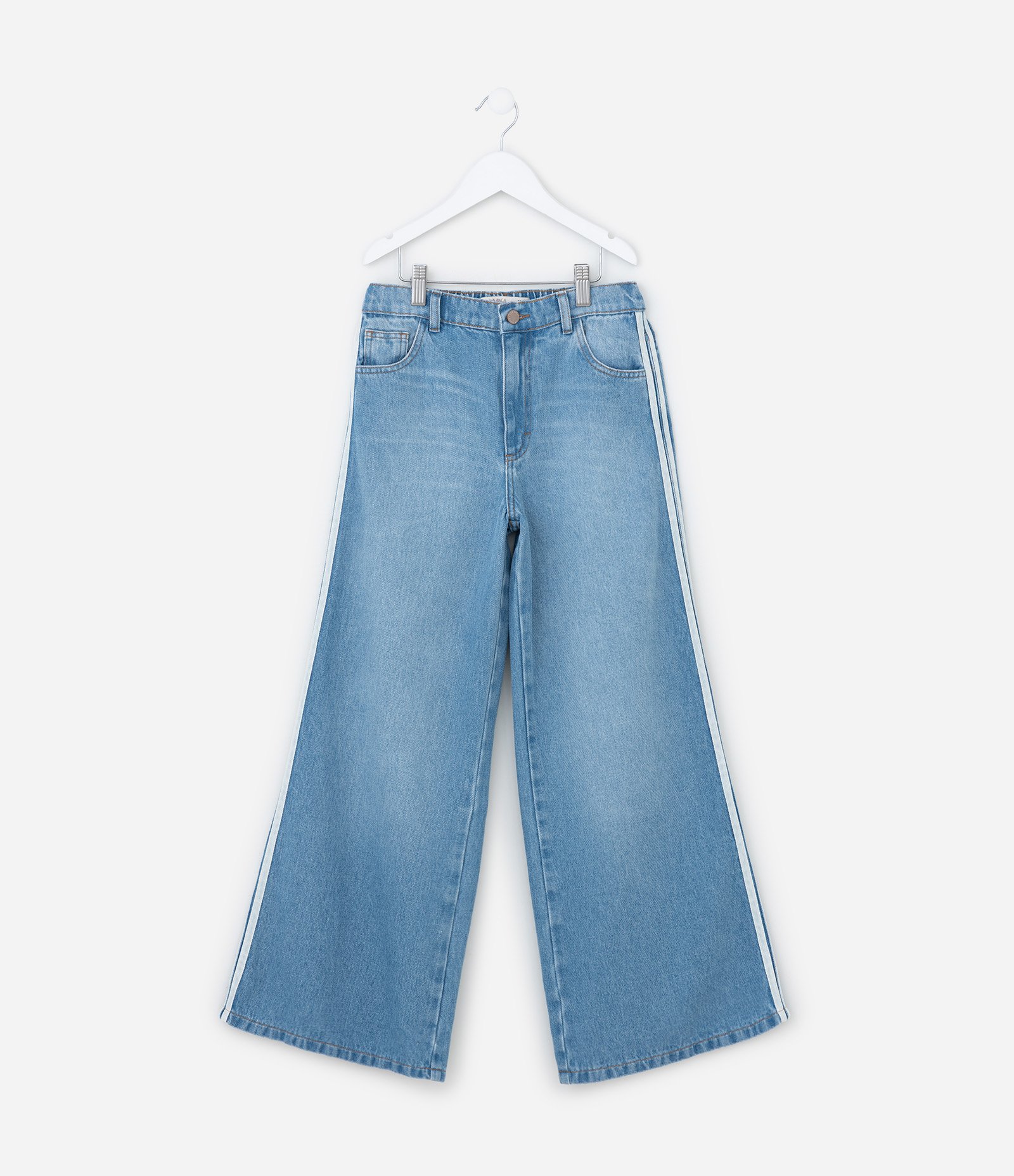 Calça Wide Leg Infantil Jeans com Listras Laterais - Tam 5 a 14 Anos Azul 1
