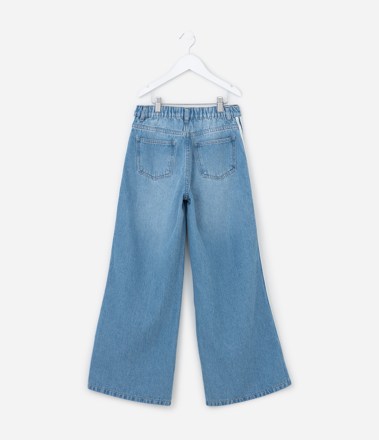 Calça Wide Leg Infantil Jeans com Listras Laterais - Tam 5 a 14 Anos Azul 2