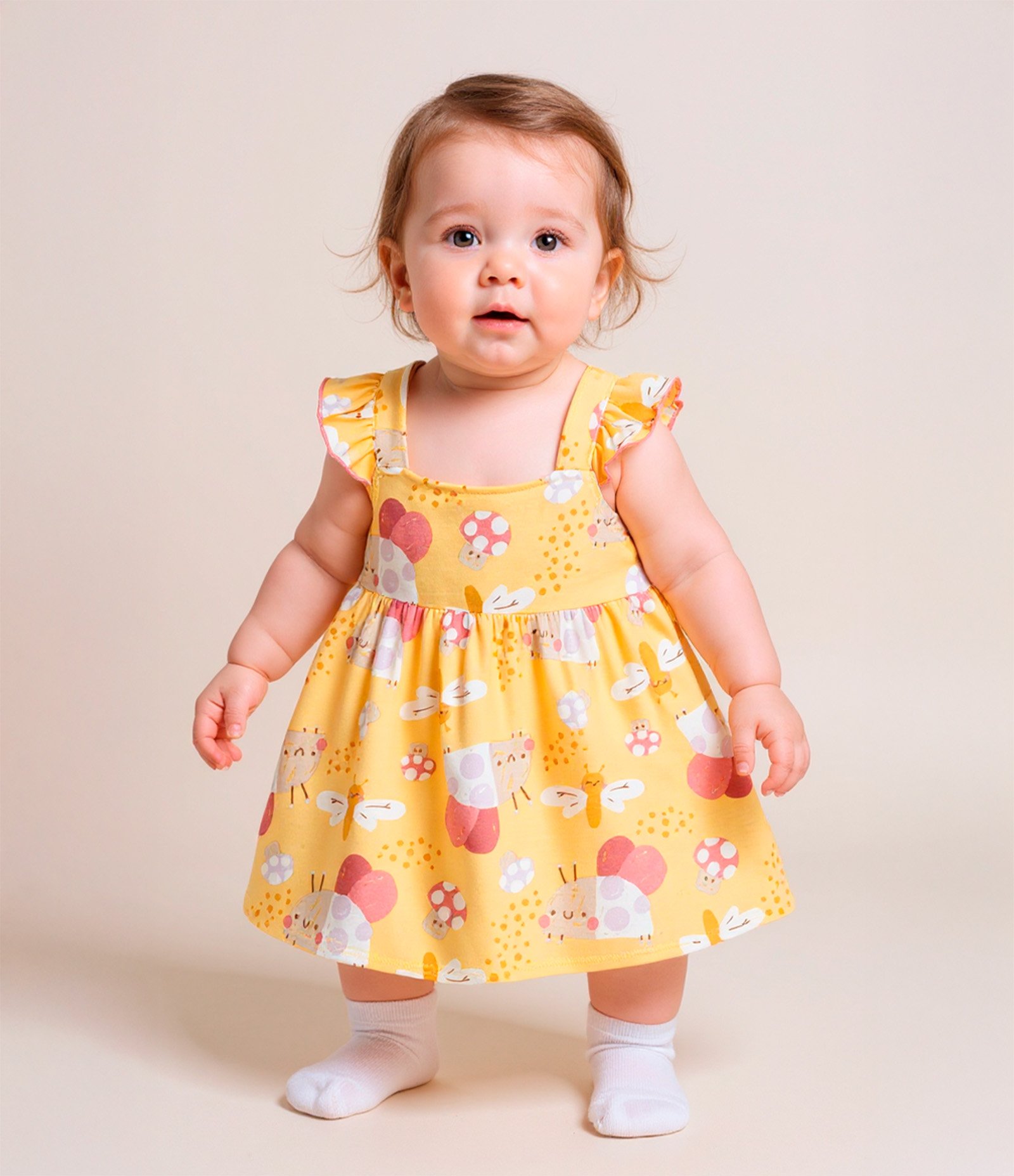 Vestido Infantil com Babados e Estampa Bichinhos - Tam 0 a 18 meses Amarelo 1