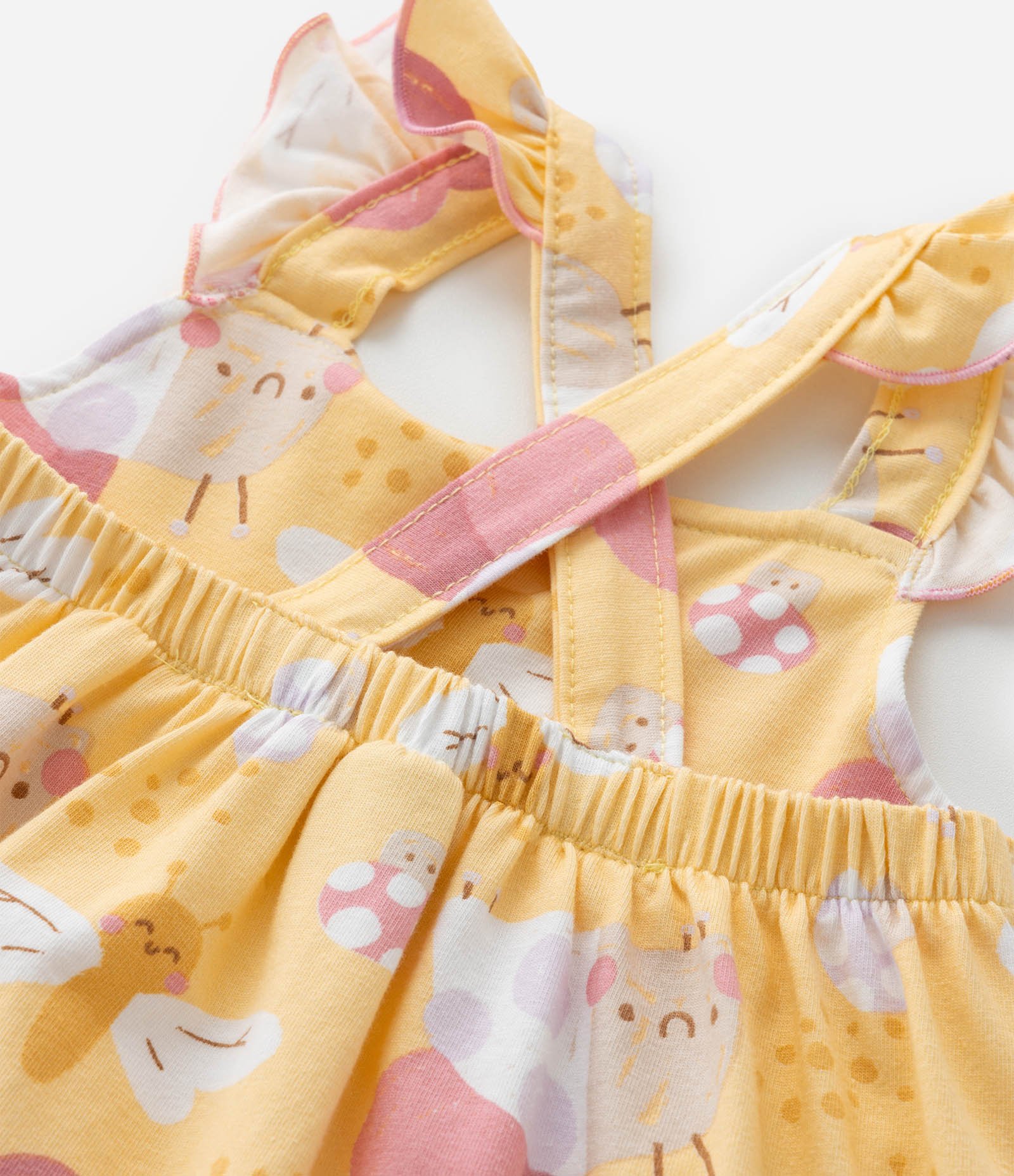 Vestido Infantil com Babados e Estampa Bichinhos - Tam 0 a 18 meses Amarelo 5