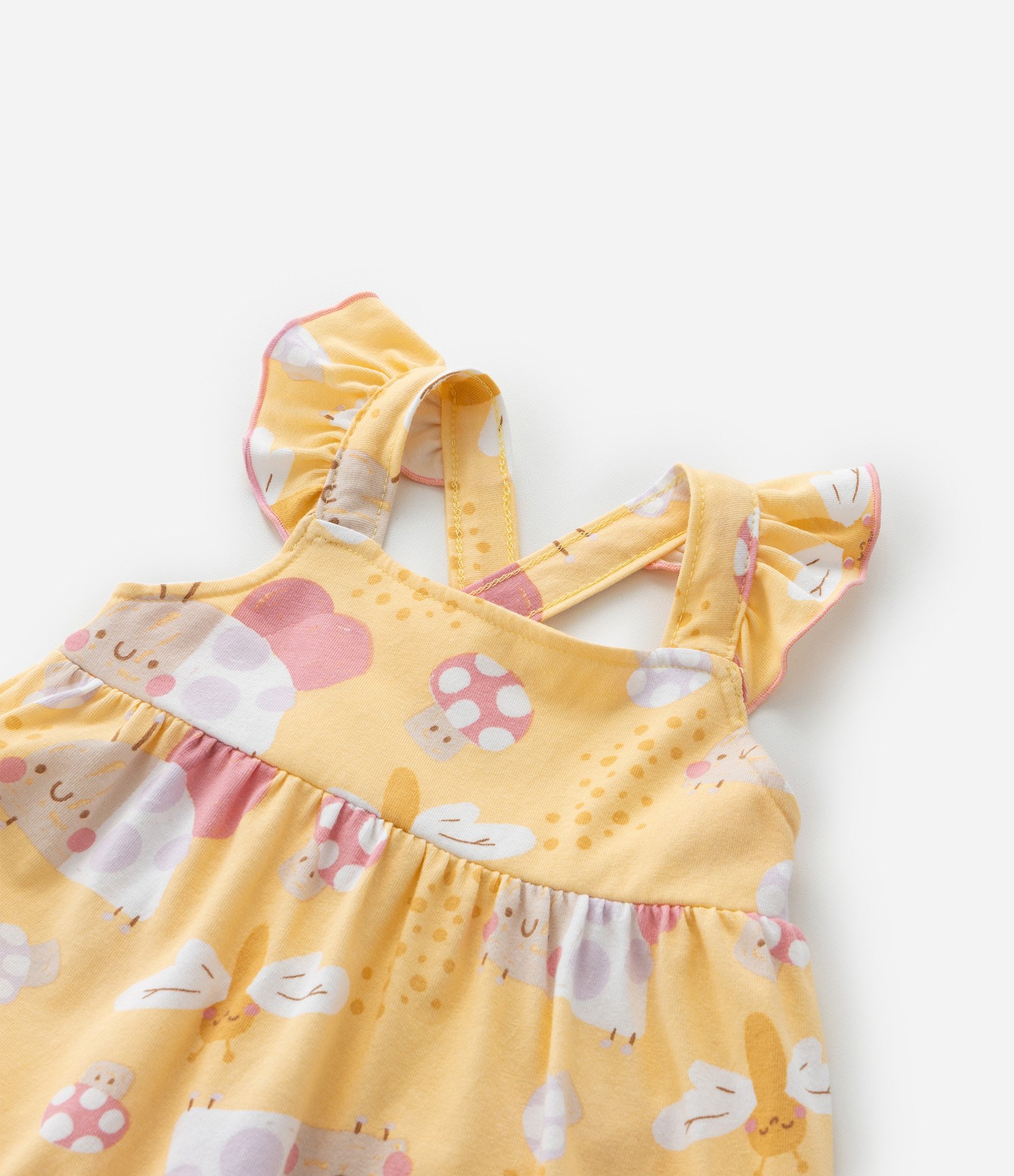 Vestido Infantil com Babados e Estampa Bichinhos - Tam 0 a 18 meses Amarelo 6