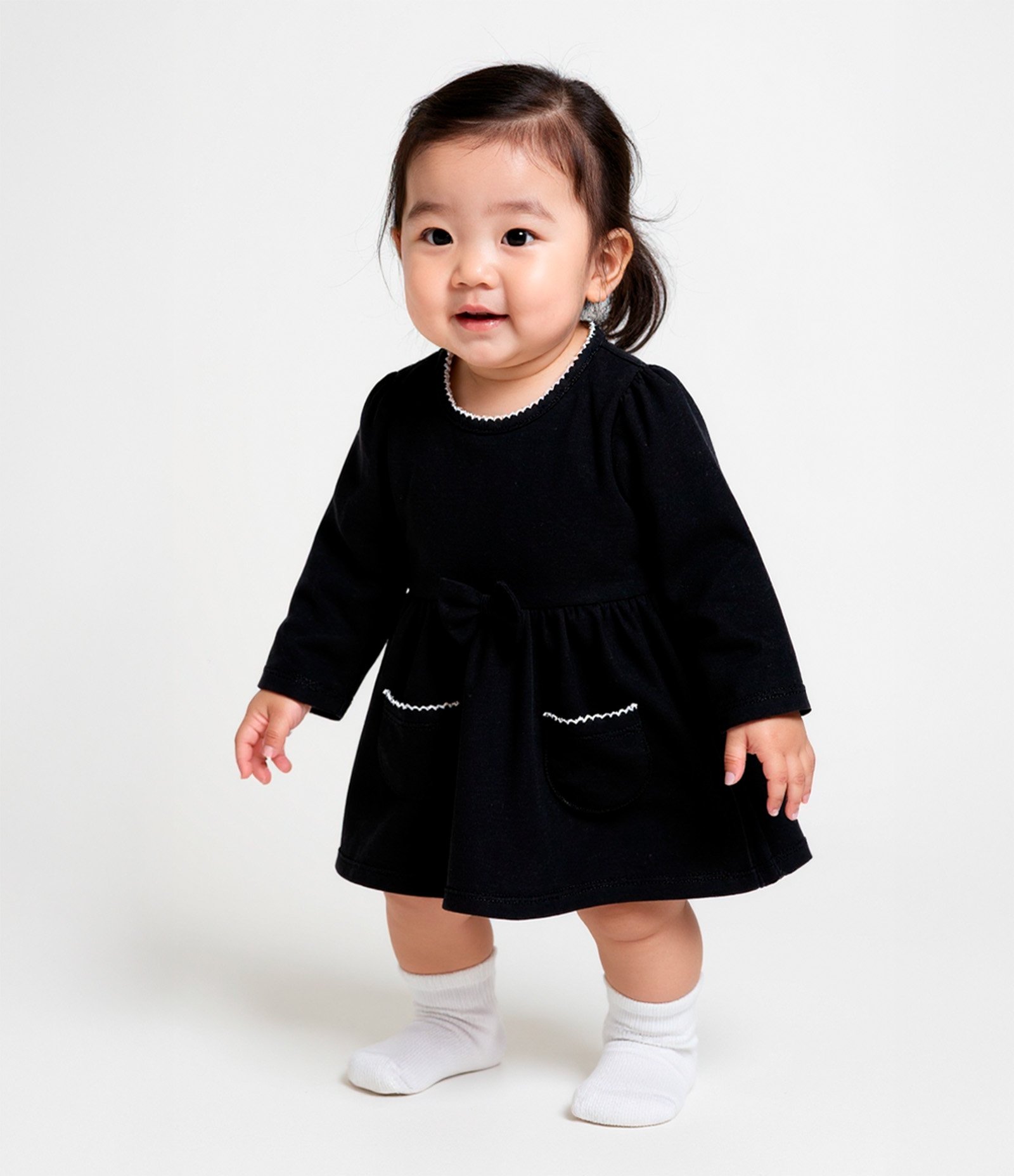 Vestido Body Infantil com Bolsos e Detalhes Contrastantes - Tam a 18 meses Preto 1