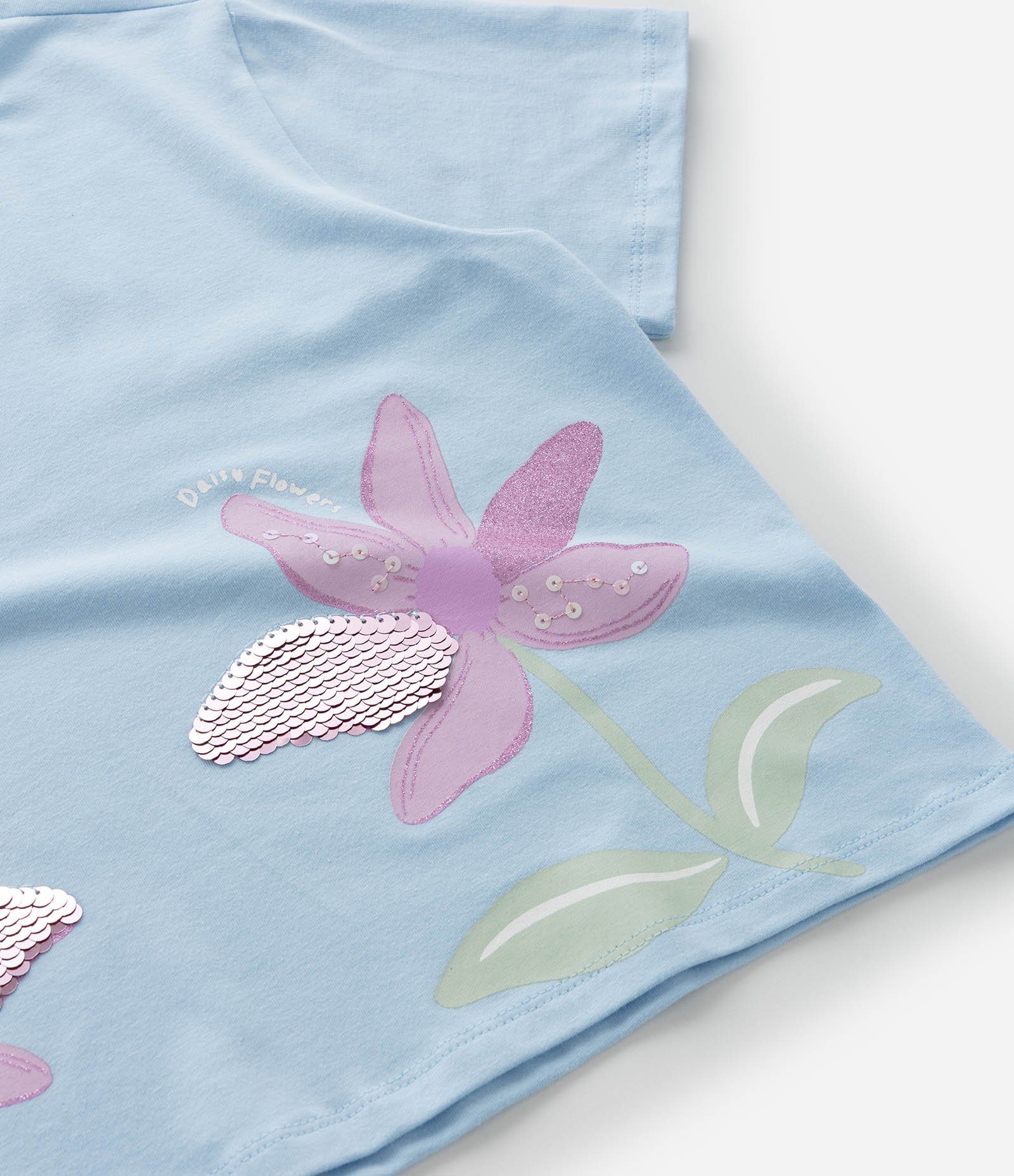 Blusa Infantil com Bordado de Flores em Paetês - Tam 5 a 14 Anos Azul 4