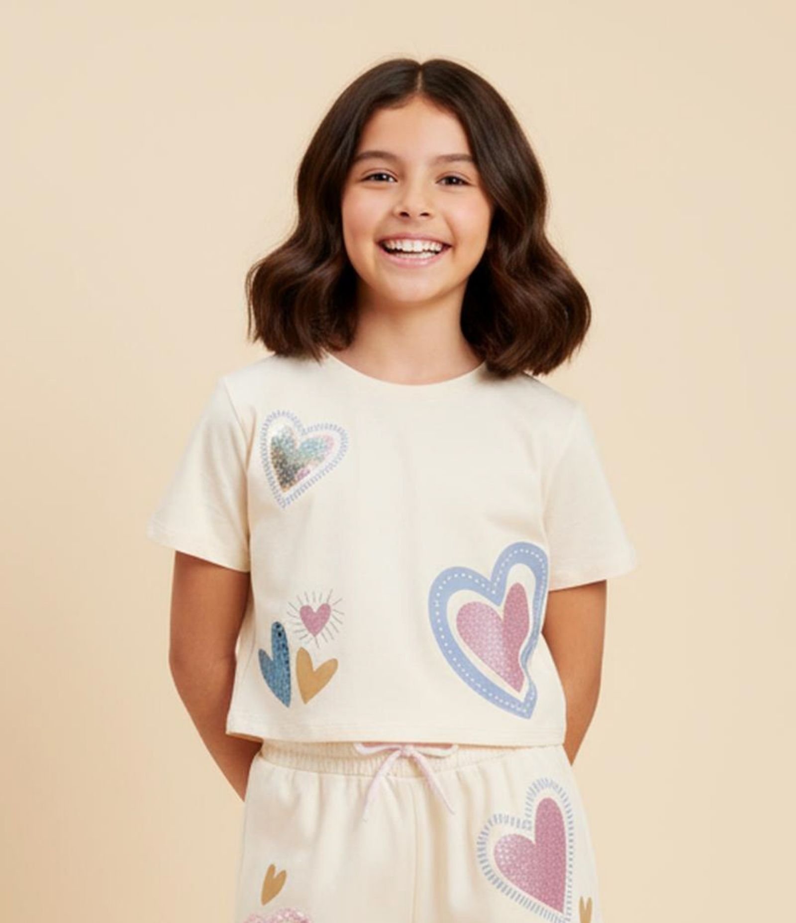 Blusa Cropped Infantil com Bordado em Paetês - Tam 5 a 14 Anos Bege 1