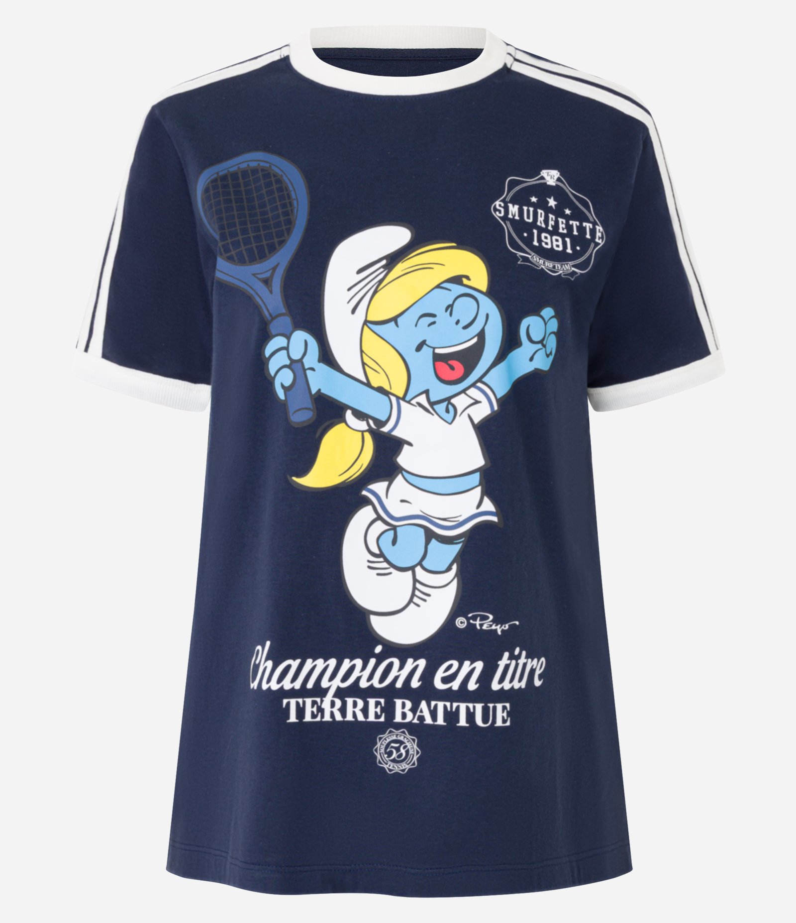 Camiseta Alongada em Algodão com Estampa Smurfette Tênista Azul Marinho 4