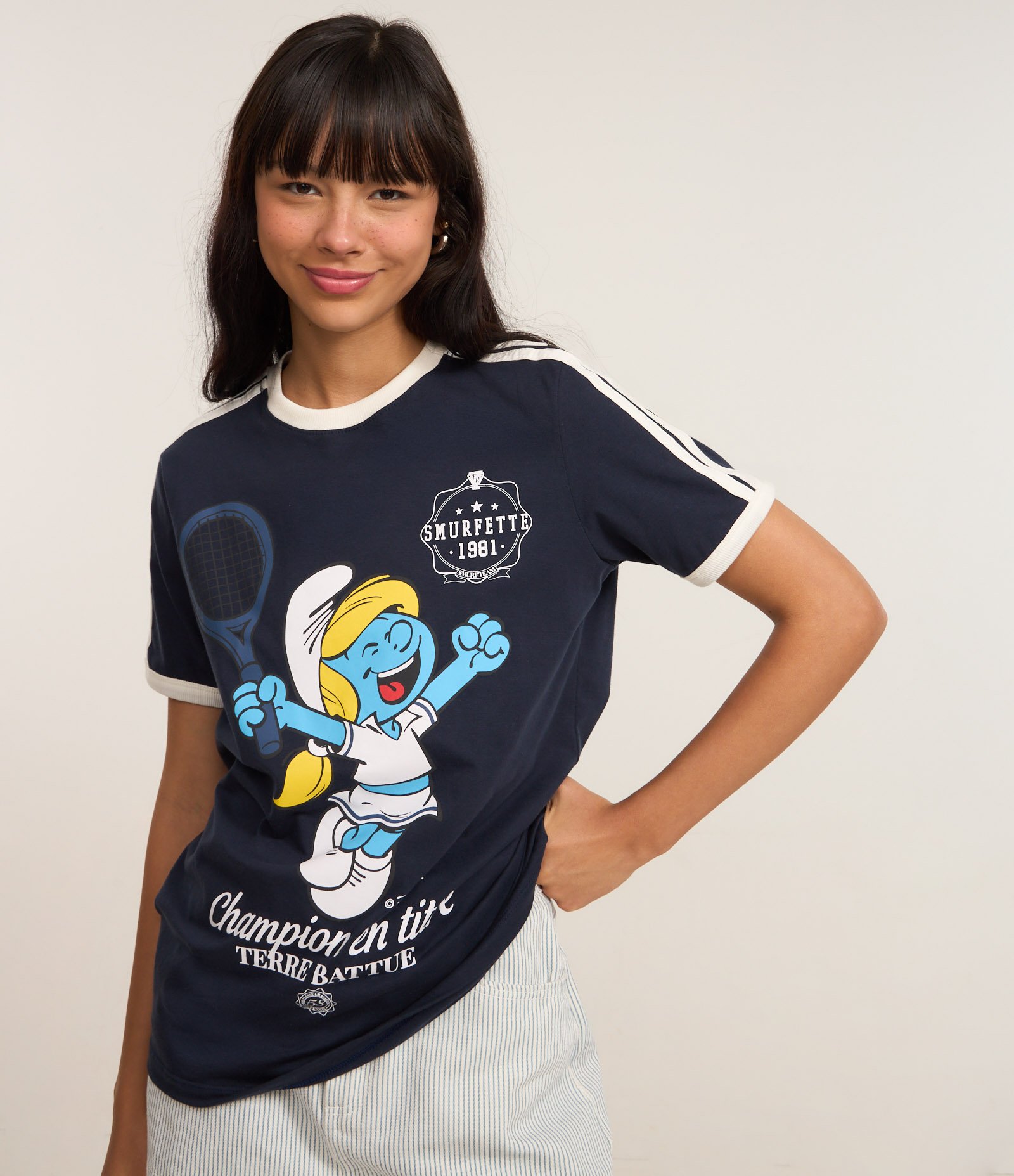 Camiseta Alongada em Algodão com Estampa Smurfette Tênista Azul Marinho 1