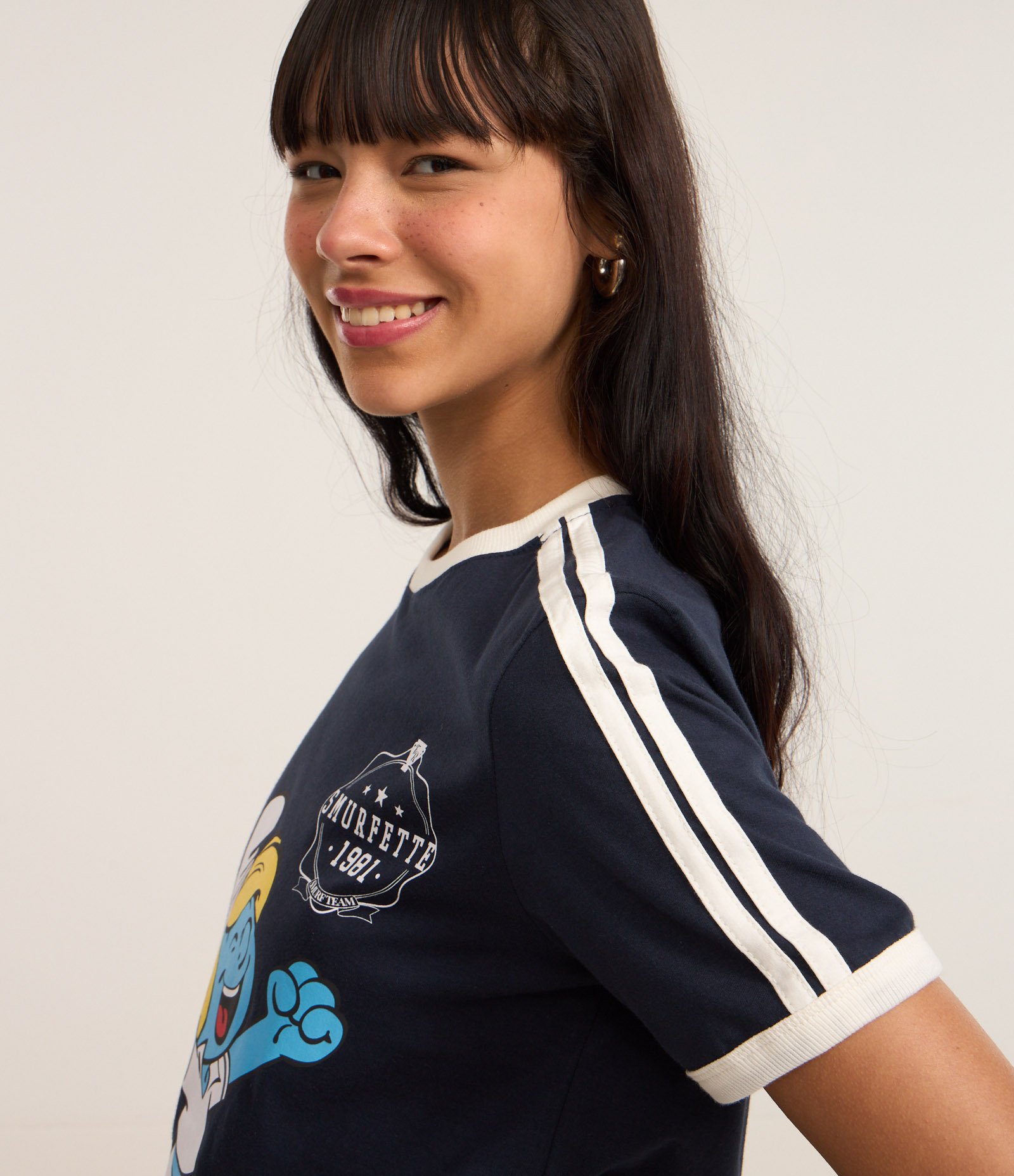 Camiseta Alongada em Algodão com Estampa Smurfette Tênista Azul Marinho 3