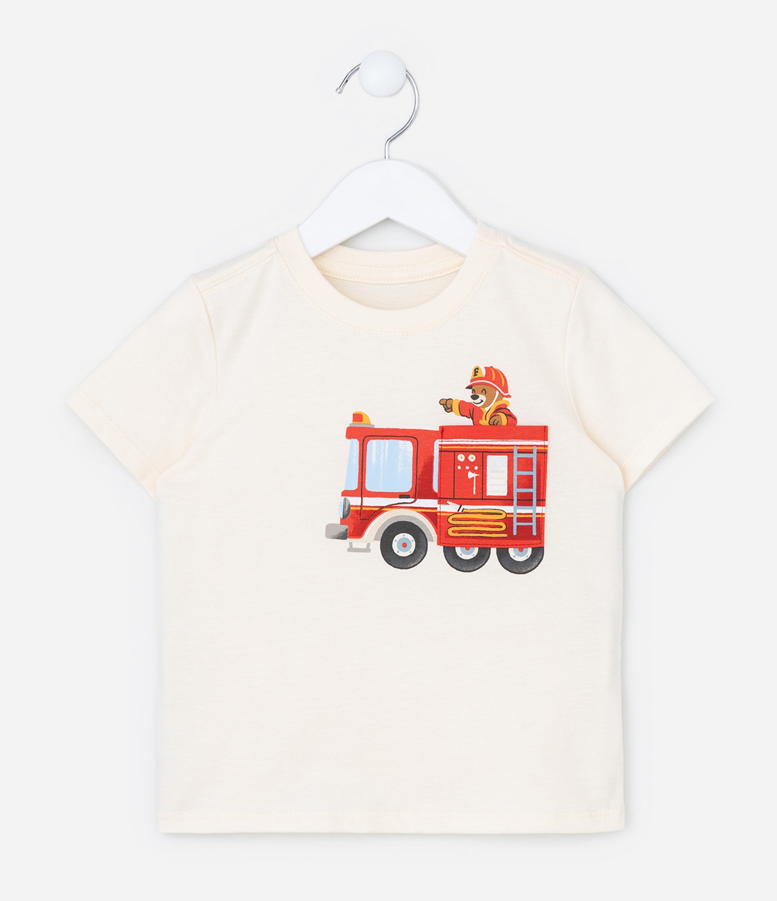 Camiseta Infantil com Bolsinho e Estampa Bombeiro - Tam 1 a 6 Anos Off White 1