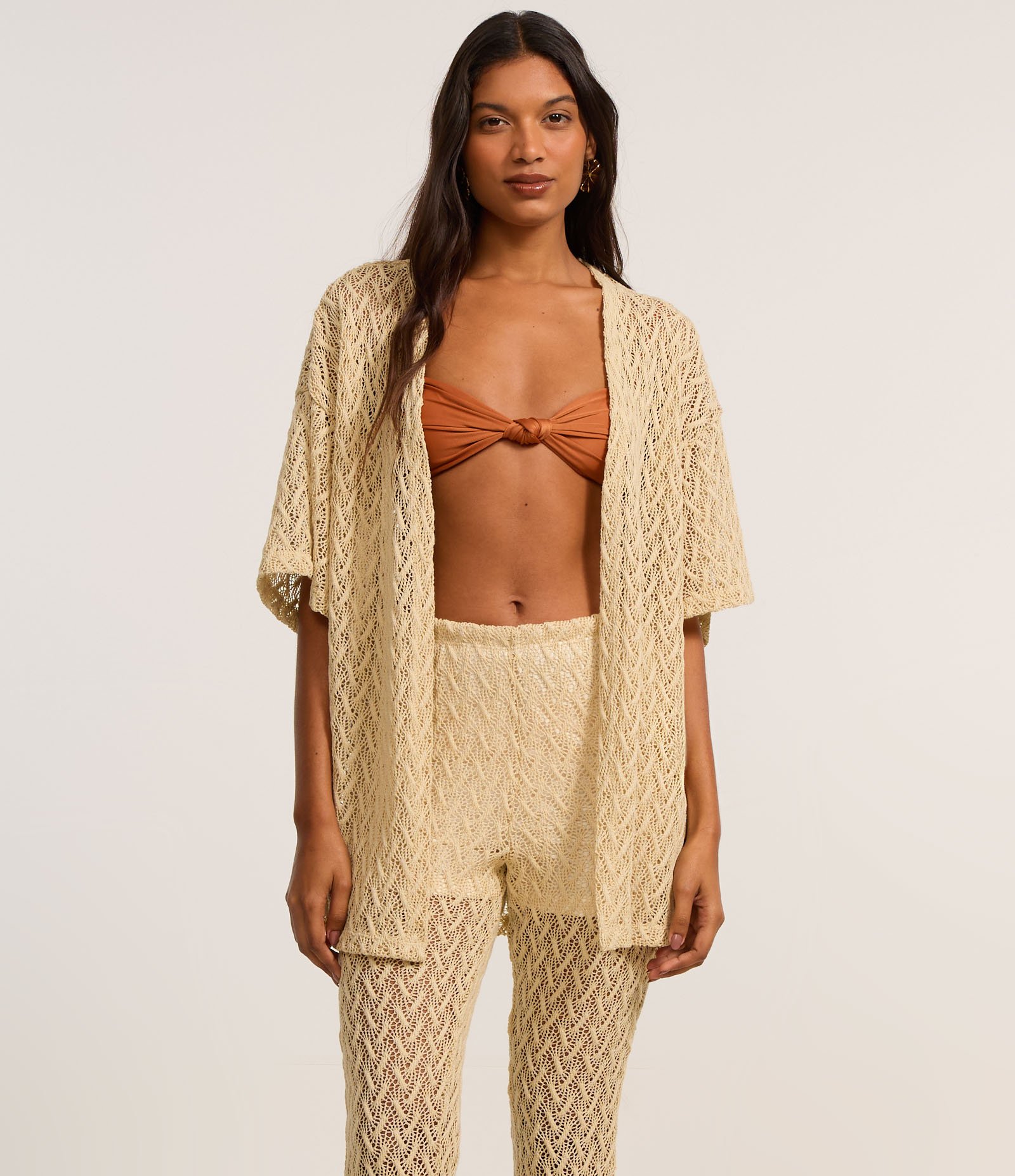 Calça Reta em Renda com Ponto Aberto Amarelo 2