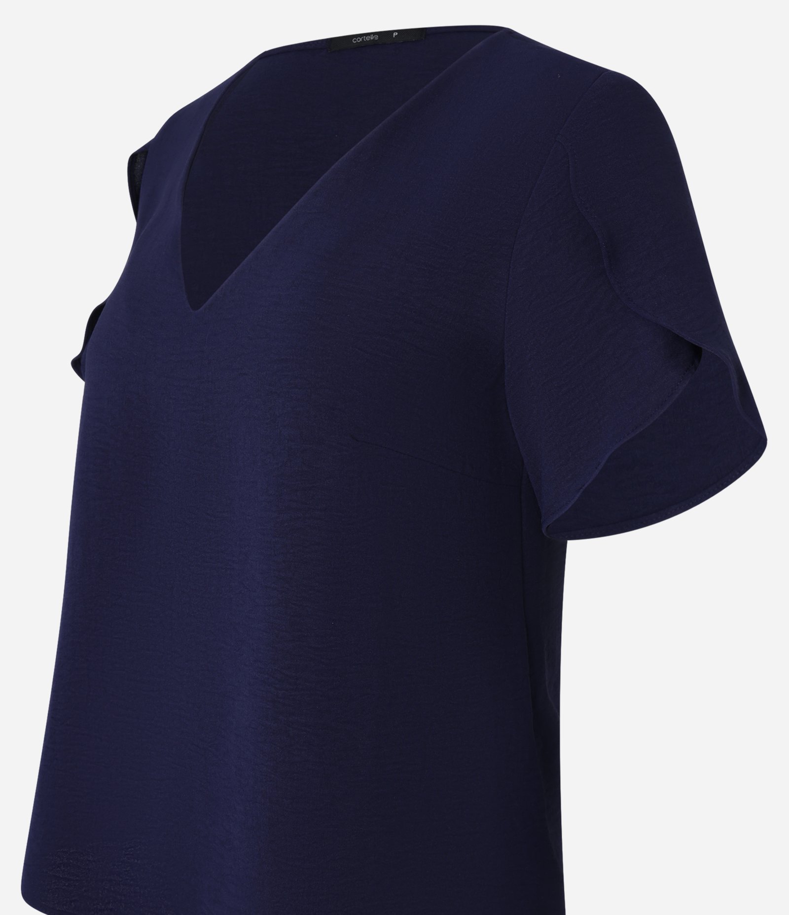 Blusa em Airflow com Manga Tulipa e Decote V Azul Marinho 6