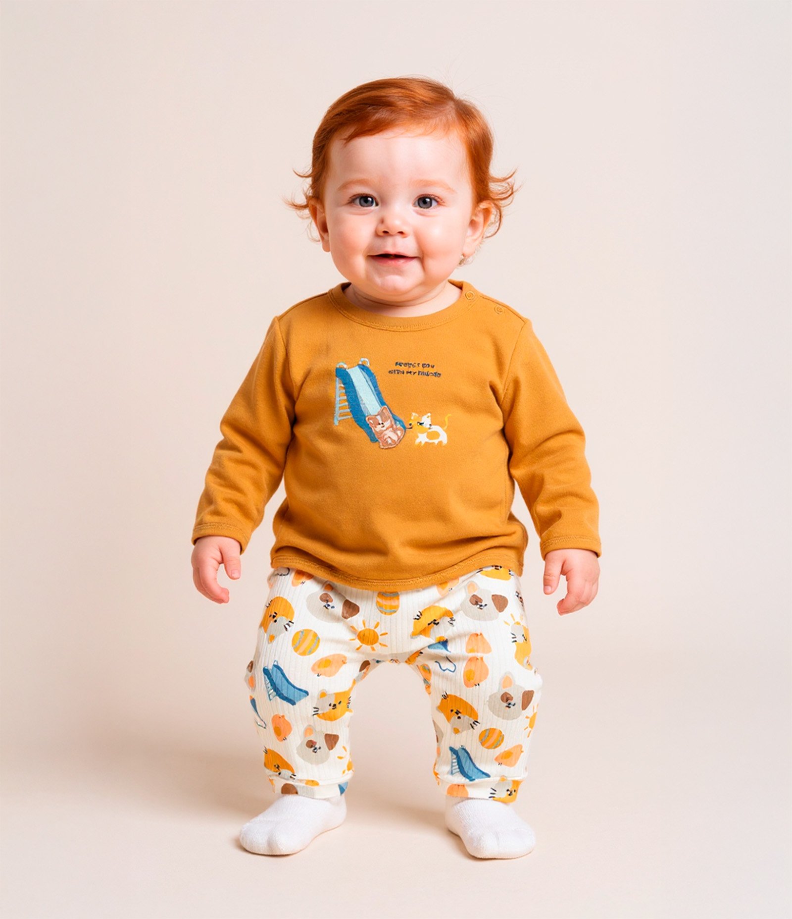 Conjunto Infantil com Estampa Cachorros no Escorregador - Tam 0 a 18 meses Amarelo 1