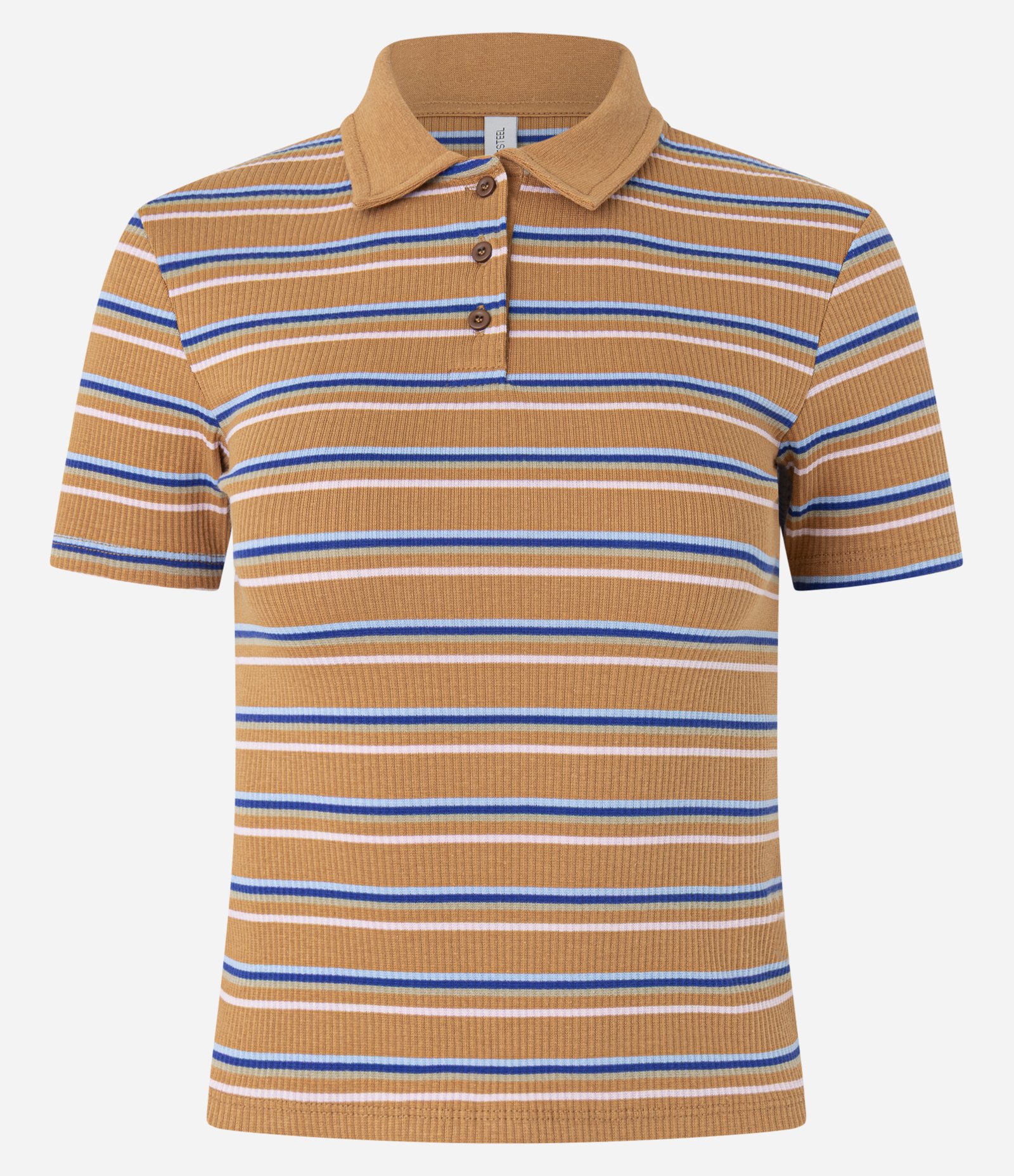 Blusa em Ribana com Listras e Gola Polo Marrom Claro 4