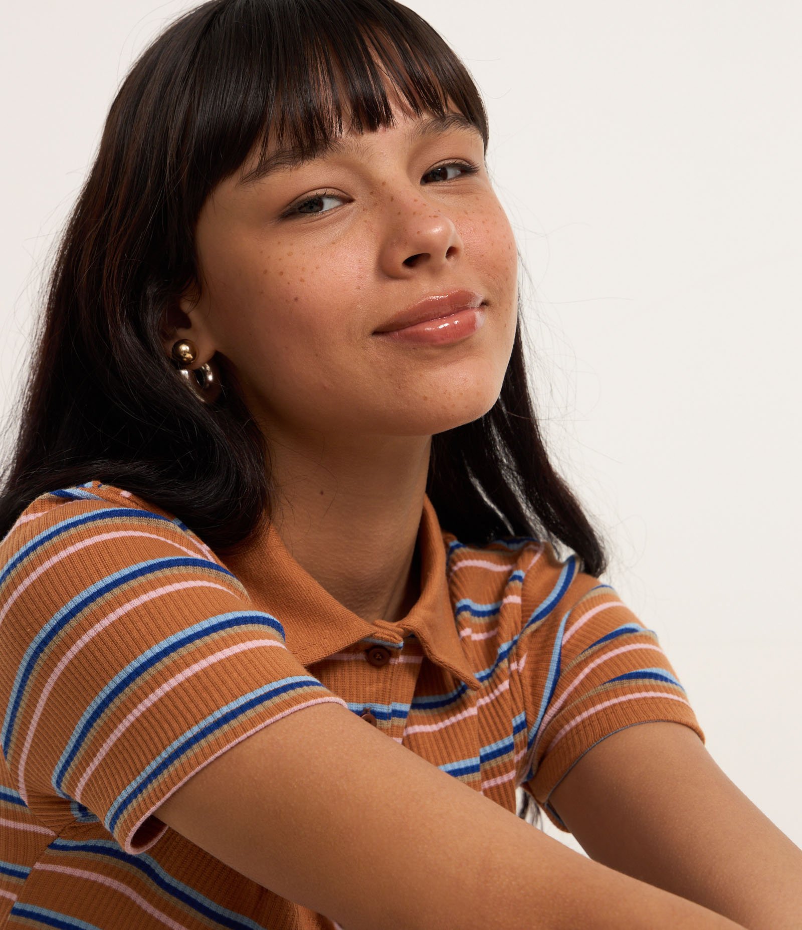 Blusa em Ribana com Listras e Gola Polo Marrom Claro 2