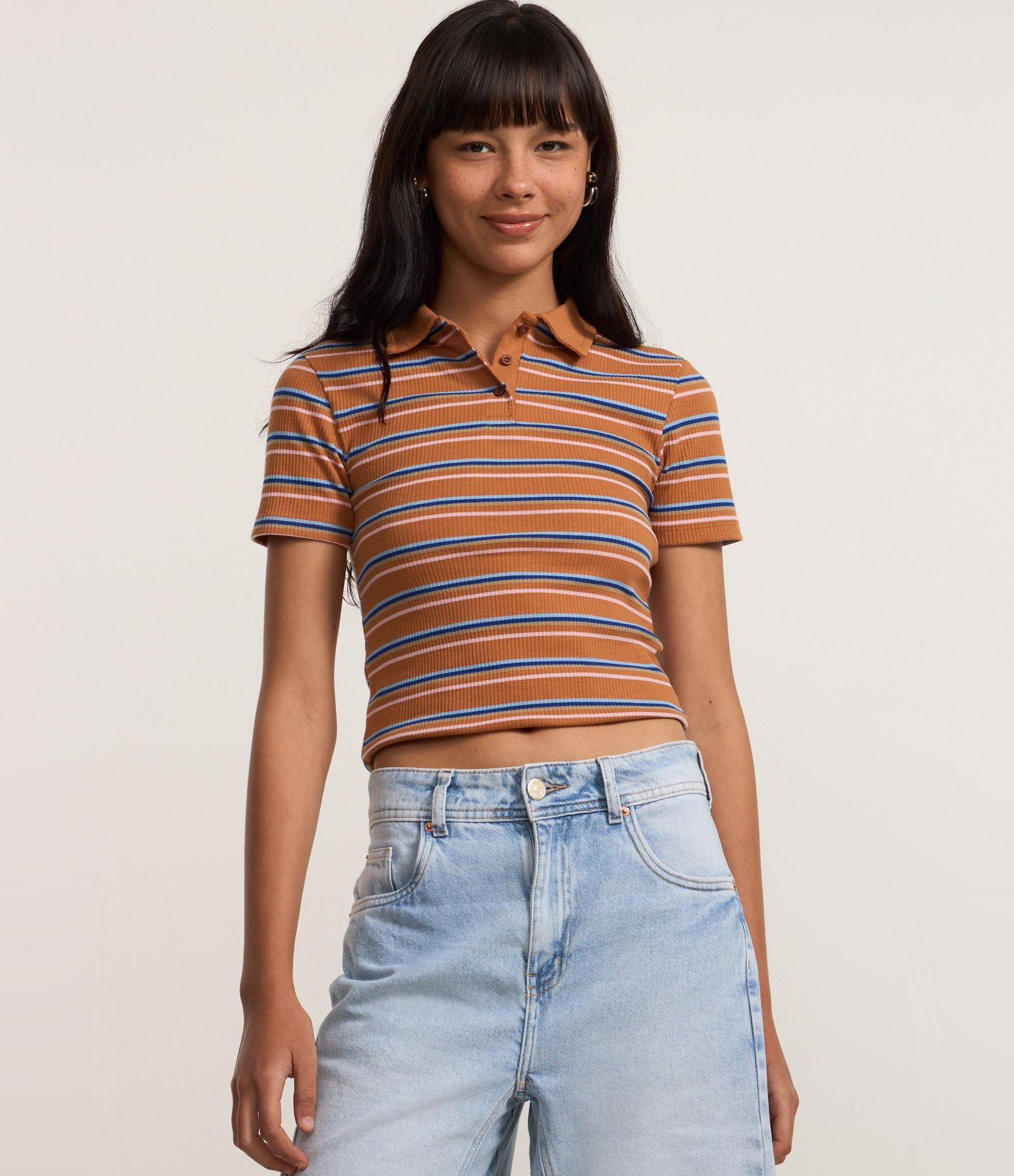 Blusa em Ribana com Listras e Gola Polo Marrom Claro 3