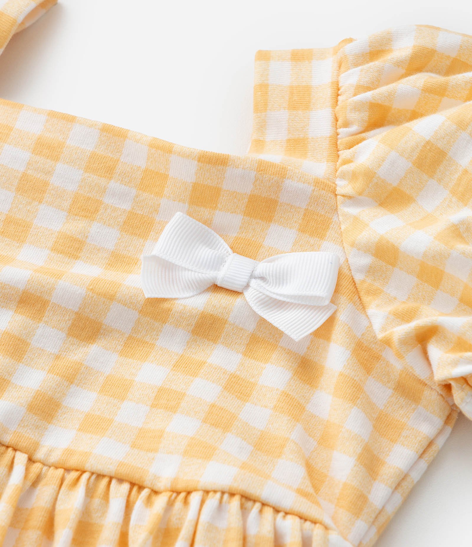 Vestido Infantil com Manga Bufante Estampa Xadrez e Lacinho - Tam 0 a 18 meses Amarelo/Branco 9