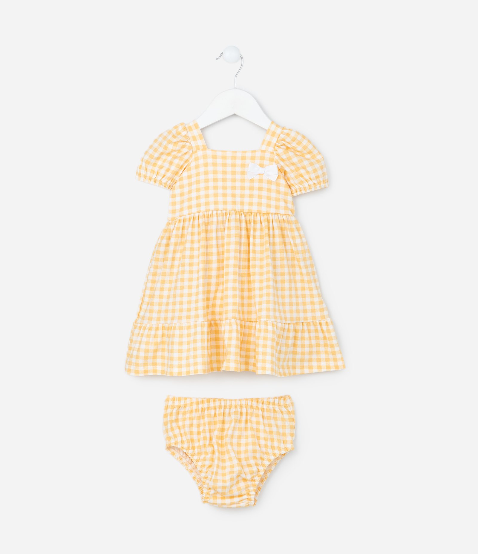 Vestido Infantil com Manga Bufante Estampa Xadrez e Lacinho - Tam 0 a 18 meses Amarelo/Branco 1