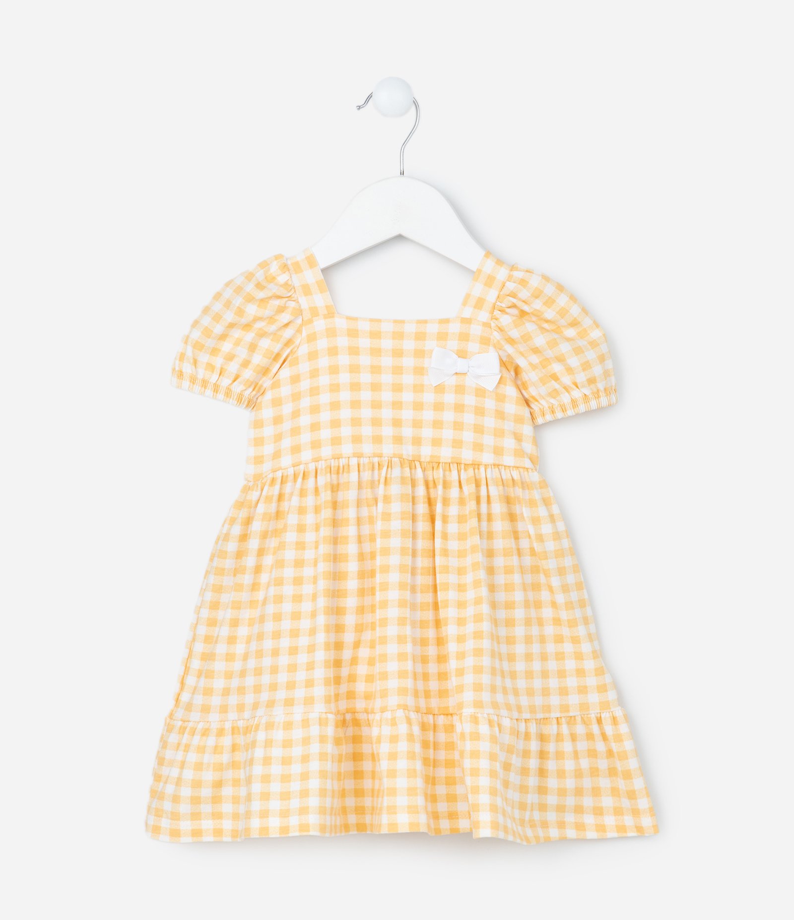 Vestido Infantil com Manga Bufante Estampa Xadrez e Lacinho - Tam 0 a 18 meses Amarelo/Branco 2