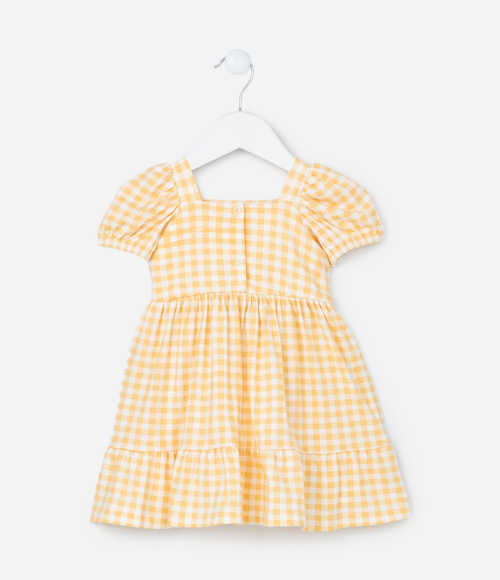 Vestido Infantil com Manga Bufante Estampa Xadrez e Lacinho - Tam 0 a 18 meses Amarelo/Branco 3