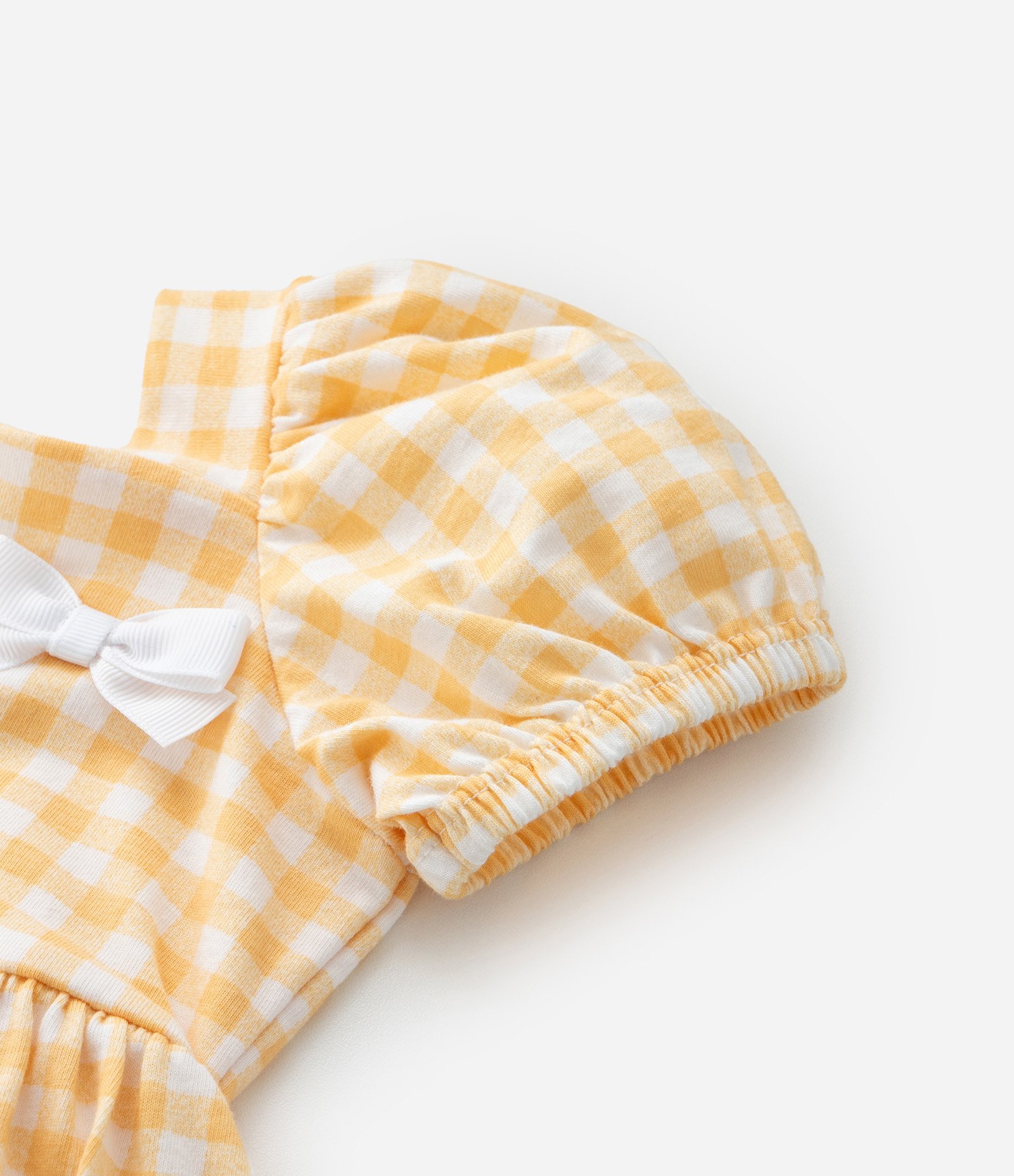 Vestido Infantil com Manga Bufante Estampa Xadrez e Lacinho - Tam 0 a 18 meses Amarelo/Branco 5