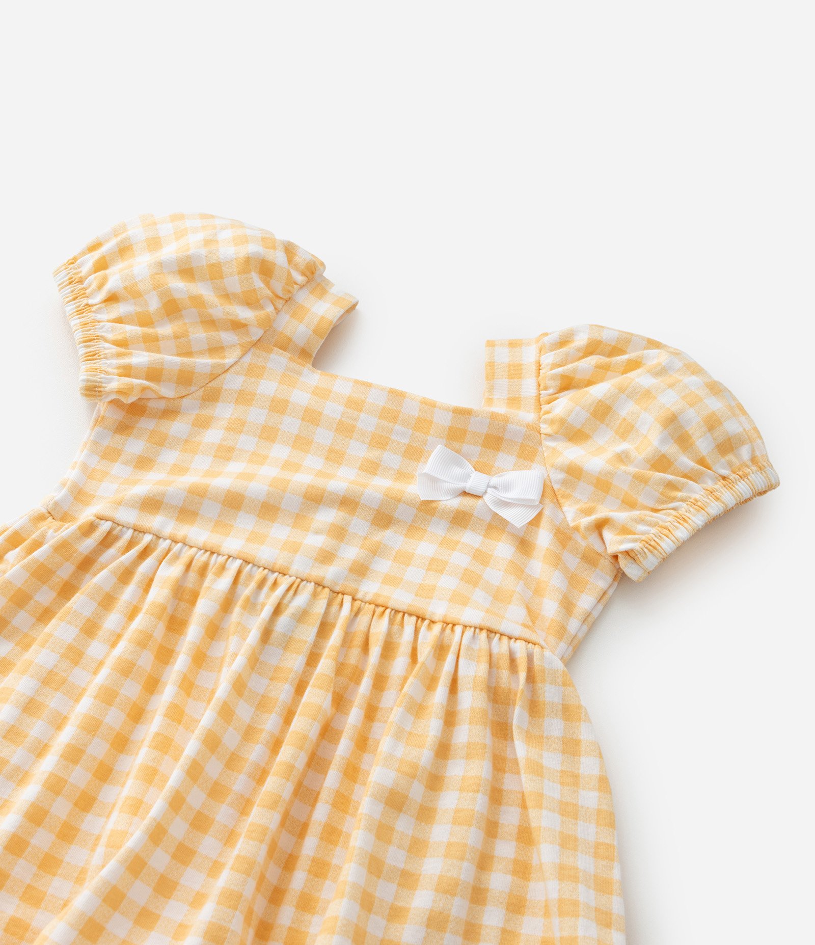 Vestido Infantil com Manga Bufante Estampa Xadrez e Lacinho - Tam 0 a 18 meses Amarelo/Branco 6