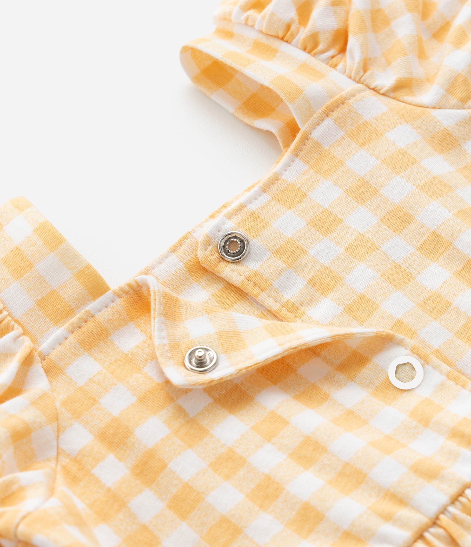 Vestido Infantil com Manga Bufante Estampa Xadrez e Lacinho - Tam 0 a 18 meses Amarelo/Branco 7