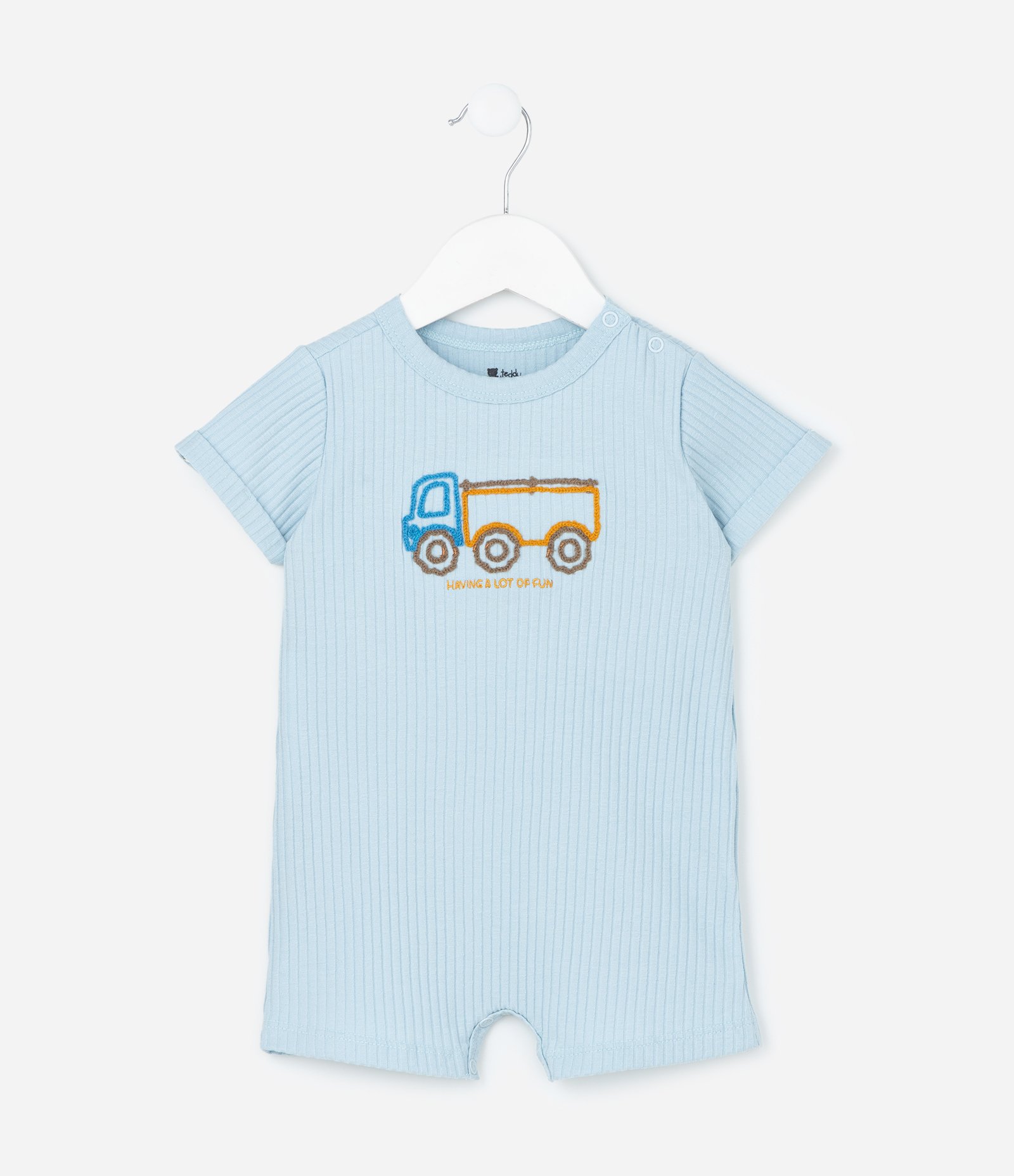 Macacão Infantil Canelado com Bordado Caminhão - Tam 0 a 18 Meses Azul 2