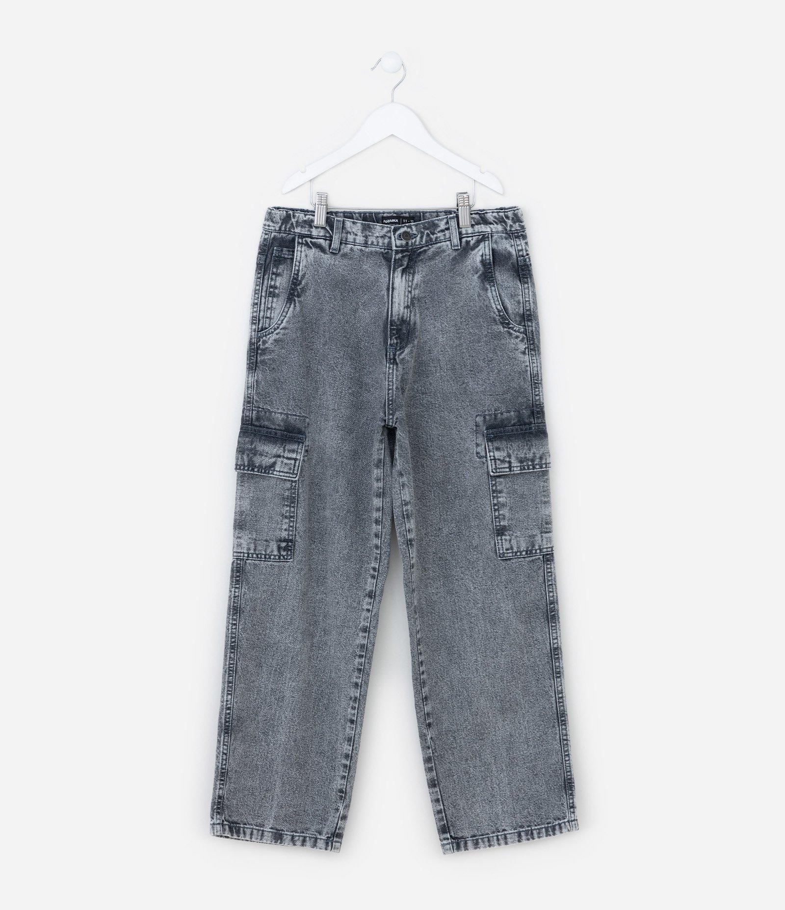 Calça Baggy Infantil em Jeans com Bolsos Cargo - Tam 5 a 14 Anos Cinza 1