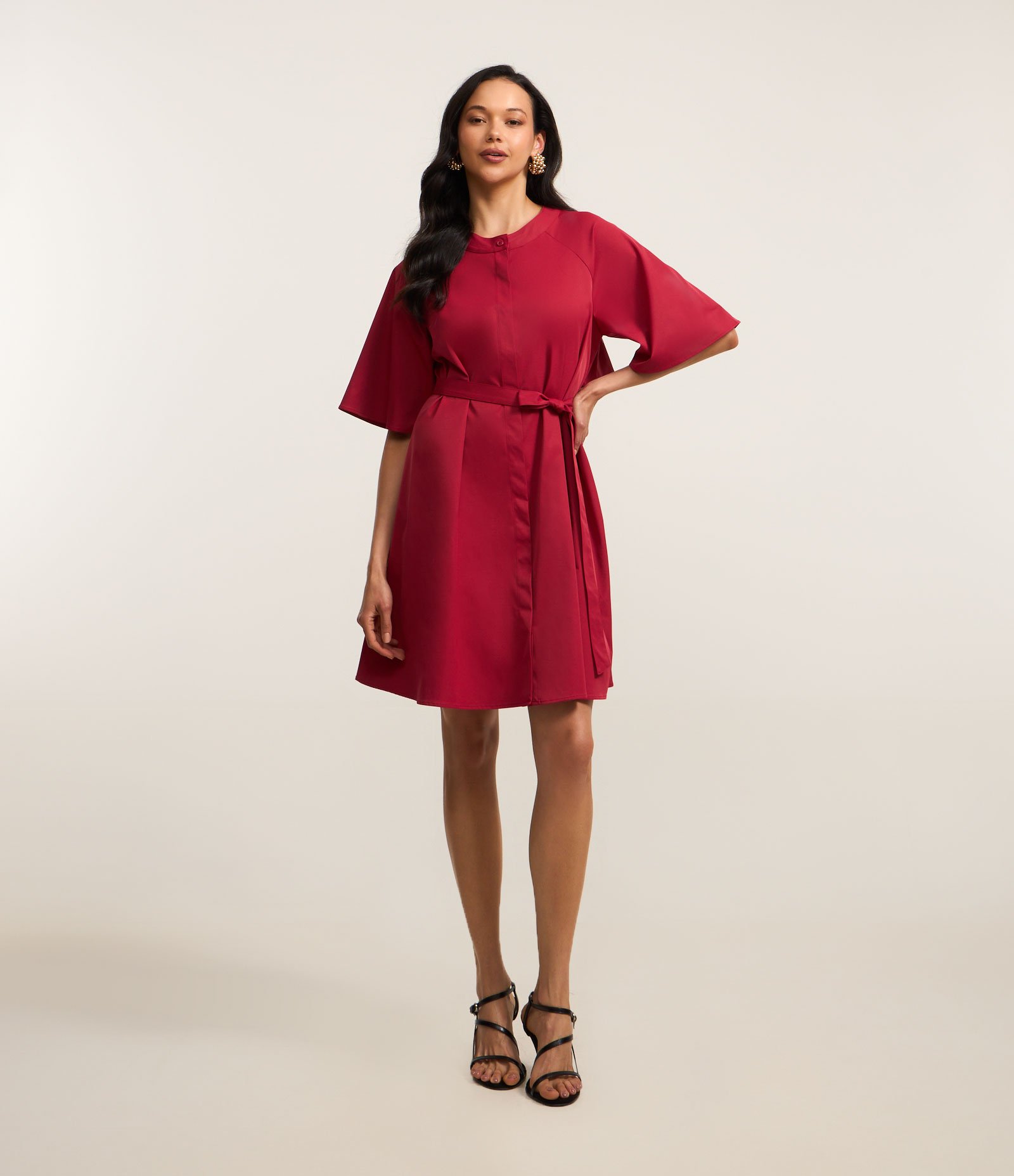 Vestido Evasê Curto com Manga Ampla e Amarração na Cintura Rosa 1