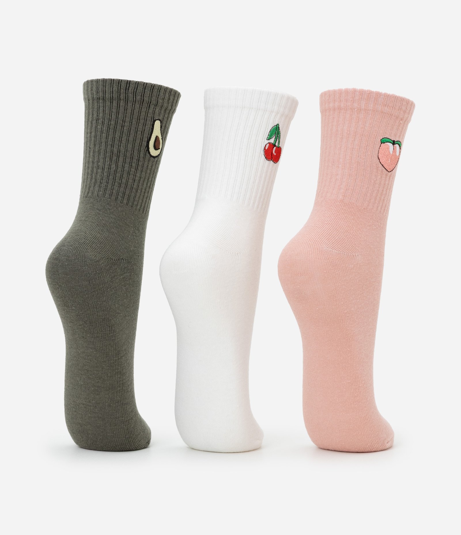 Kit 03 Meias Cano Médio em Algodão com Bordado de Frutinhas Branco/Rosa/Verde 3