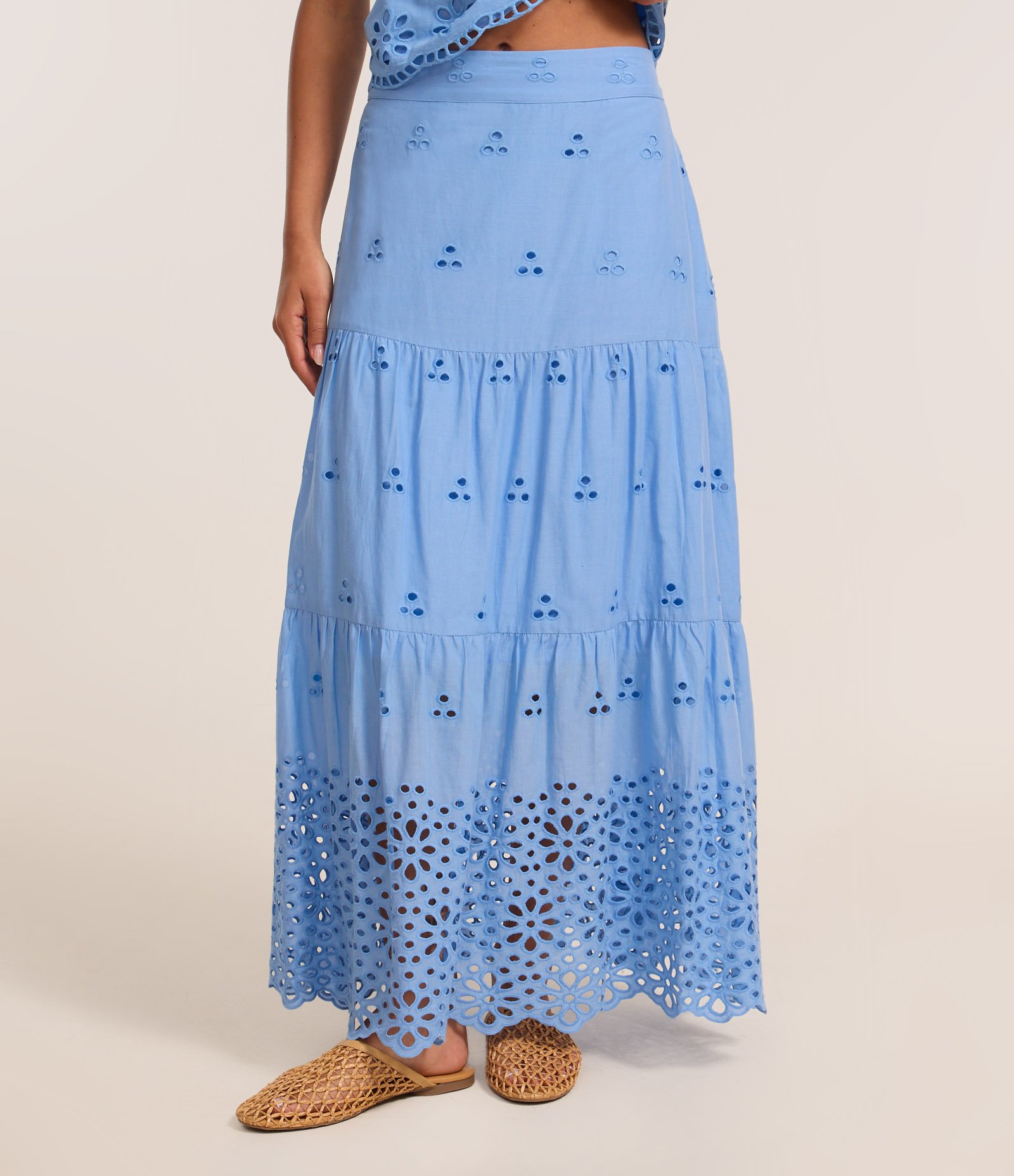 Saia Long Midi Evasê com Furinhos e Babados Azul 4