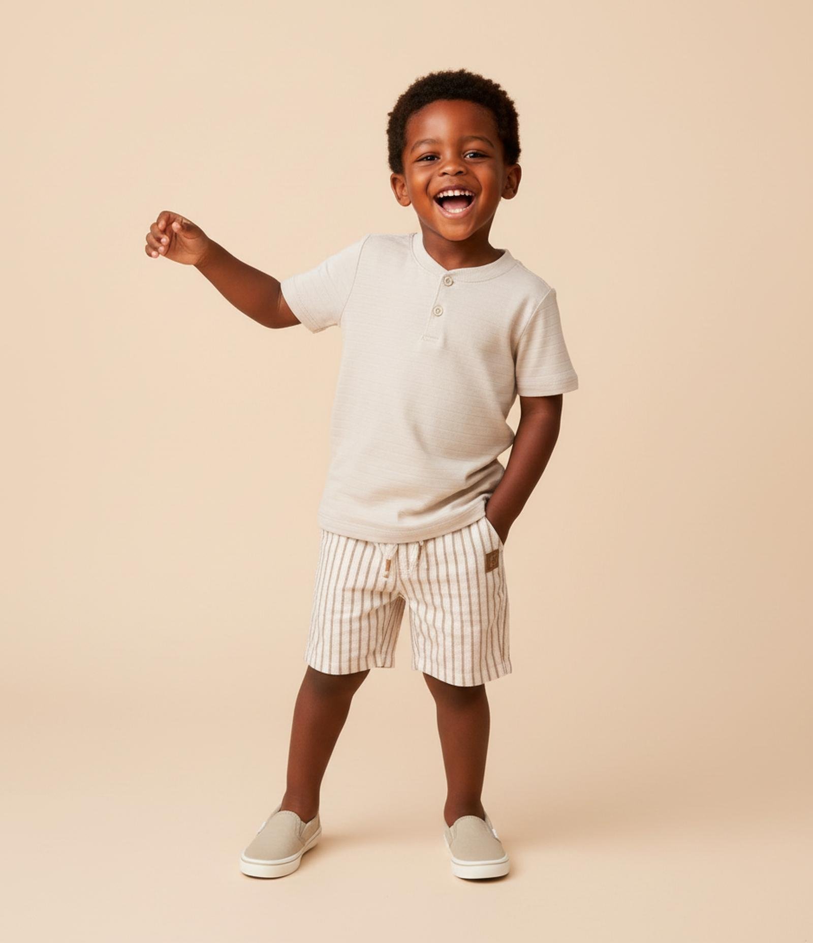 Camiseta Infantil com Gola Henley Texturizada - Tam 1 a 6 Anos Bege 1