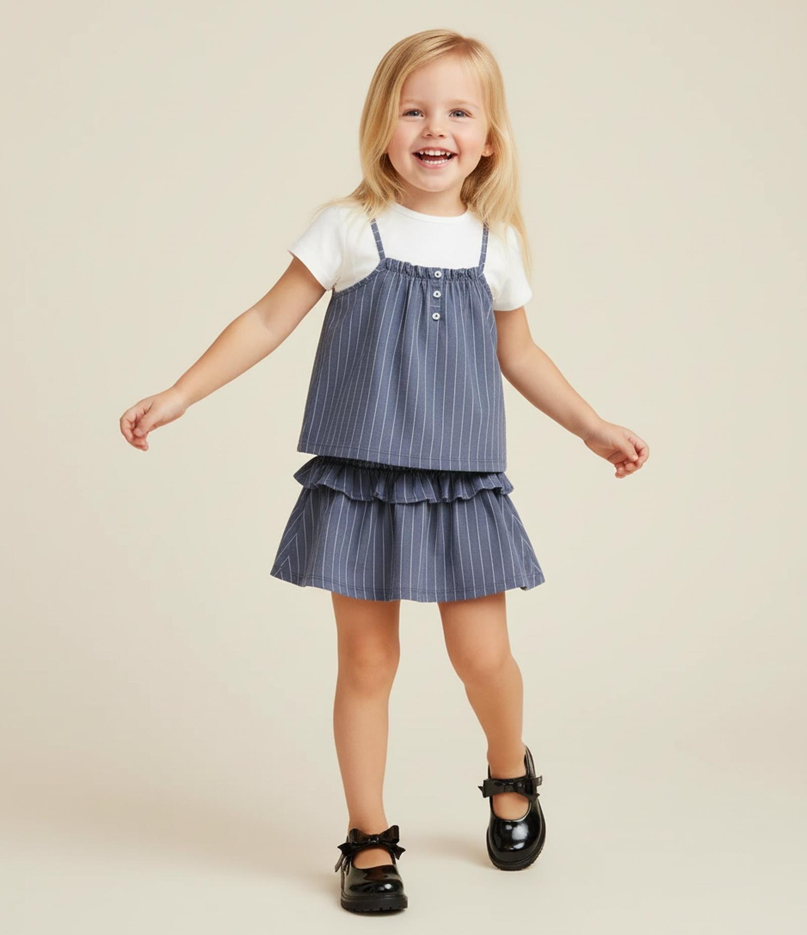 Blusa Infantil Estampa Risca de Giz e Sobreposição - Tam 1 a 6 Anos Azul/Branco 1