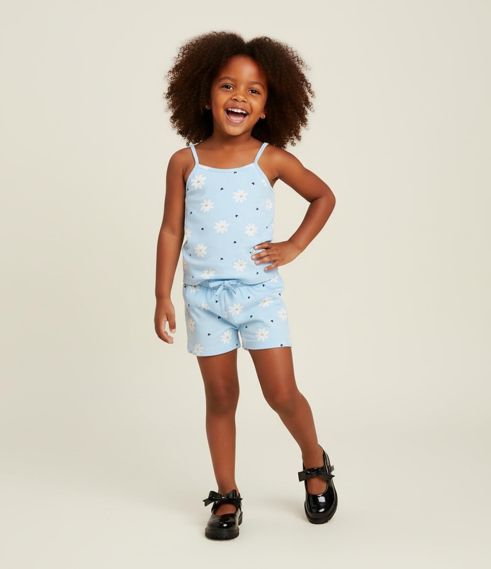 Short Infantil com Estampa de Margaridas e Corações - Tam 1 A 5 Anos Azul 1