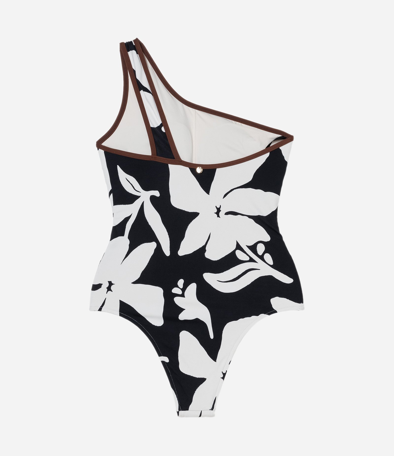 Maiô Ombro Só em Microfibra com Estampa Floral e Viés Constrastante Preto/Branco 5