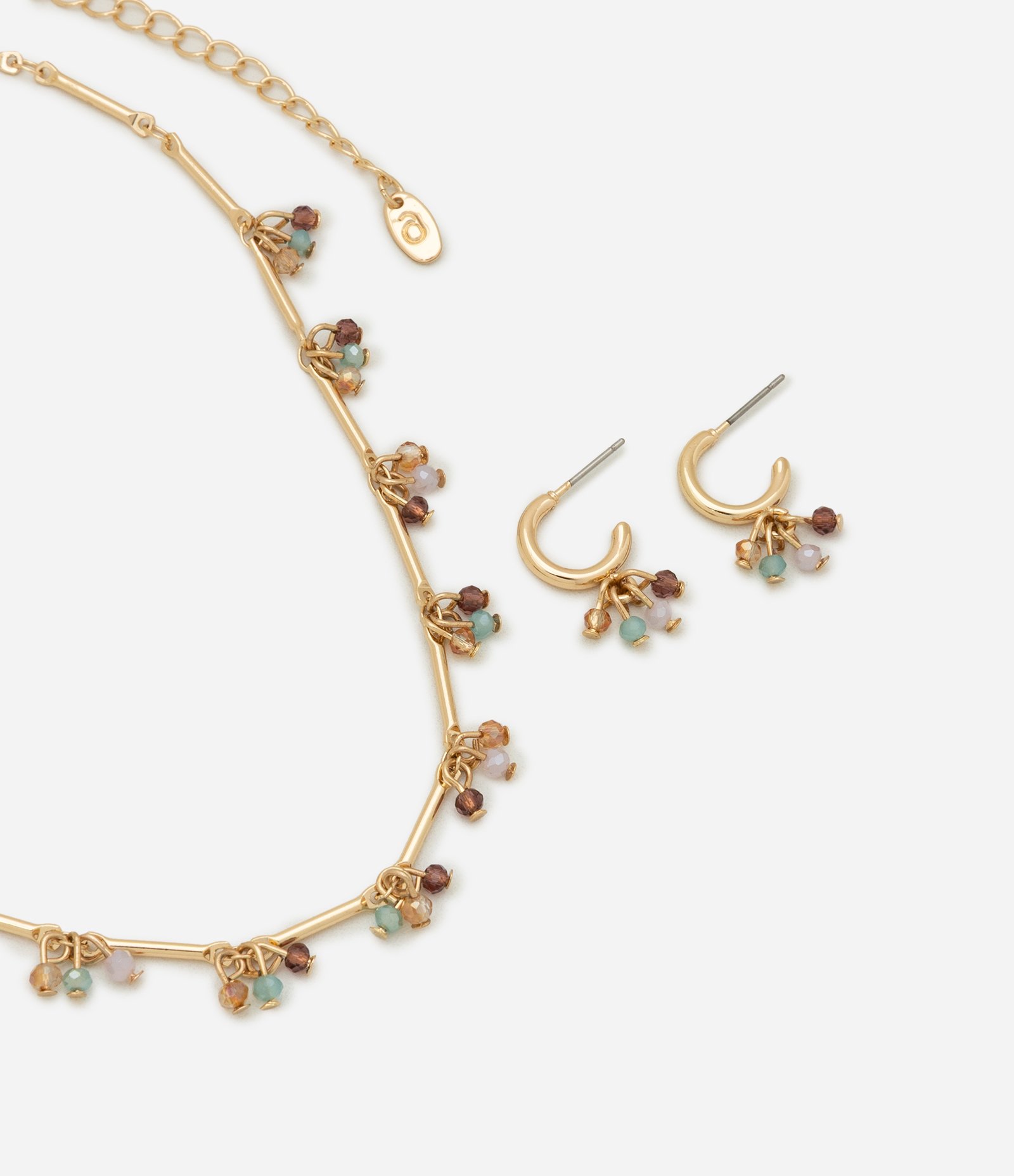 Conjunto de Colar e Brinco com Corrente Palito e Cachos de Bolinhas Coloridas Dourado 1