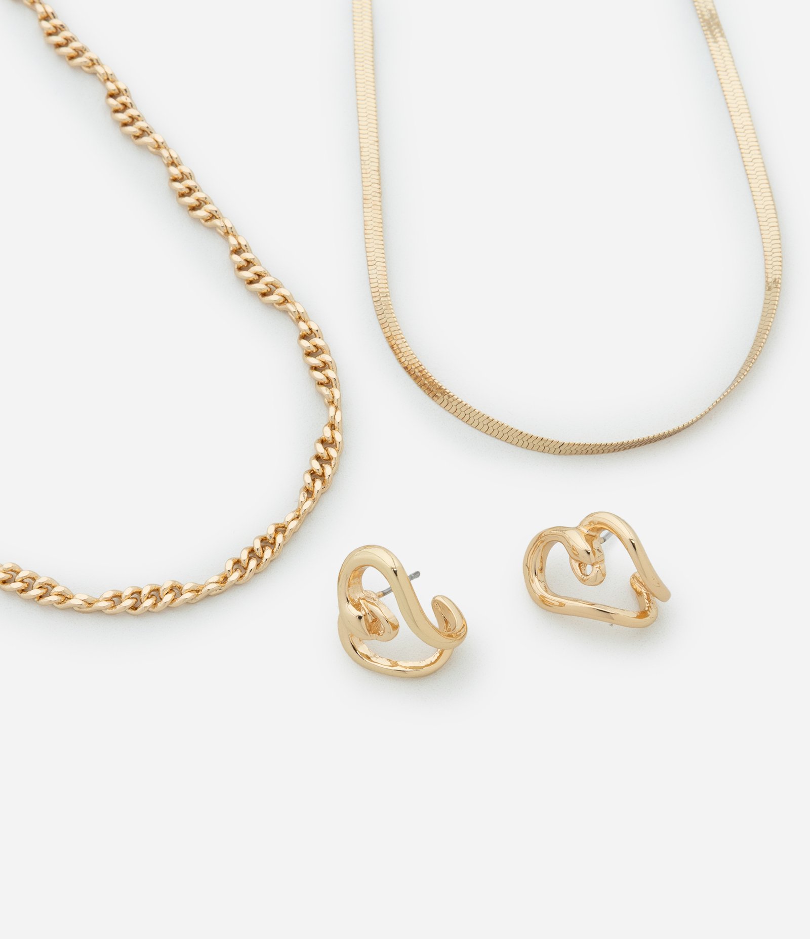 Conjunto de Colar Fita e Corrente com Brinco Botão Coração Dourado 1