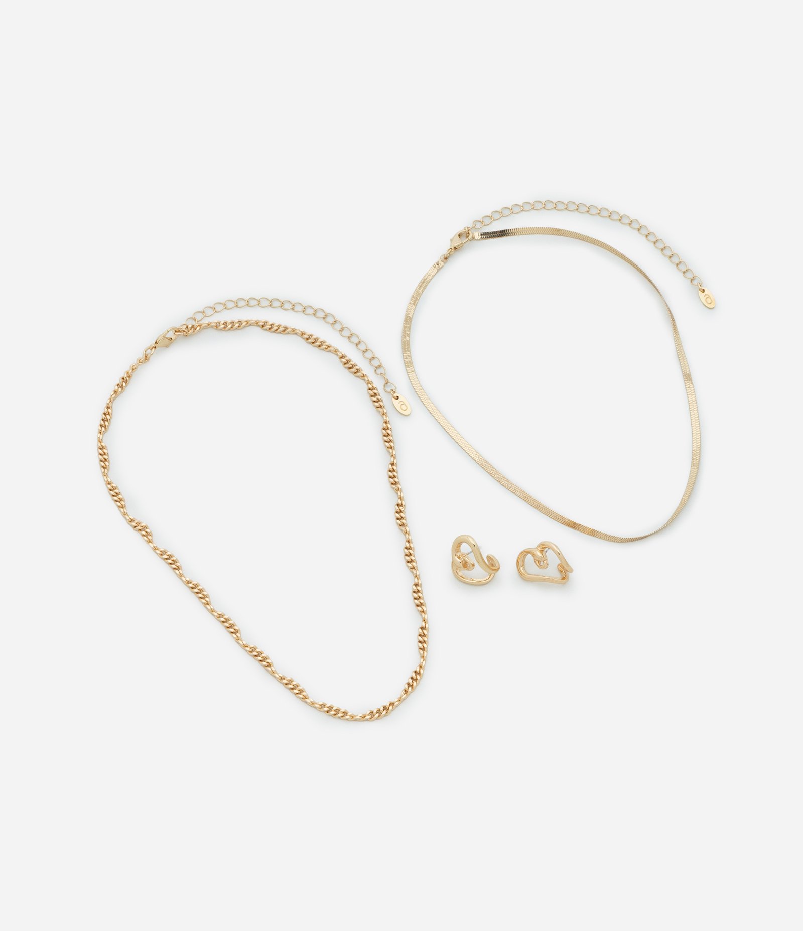 Conjunto de Colar Fita e Corrente com Brinco Botão Coração Dourado 2