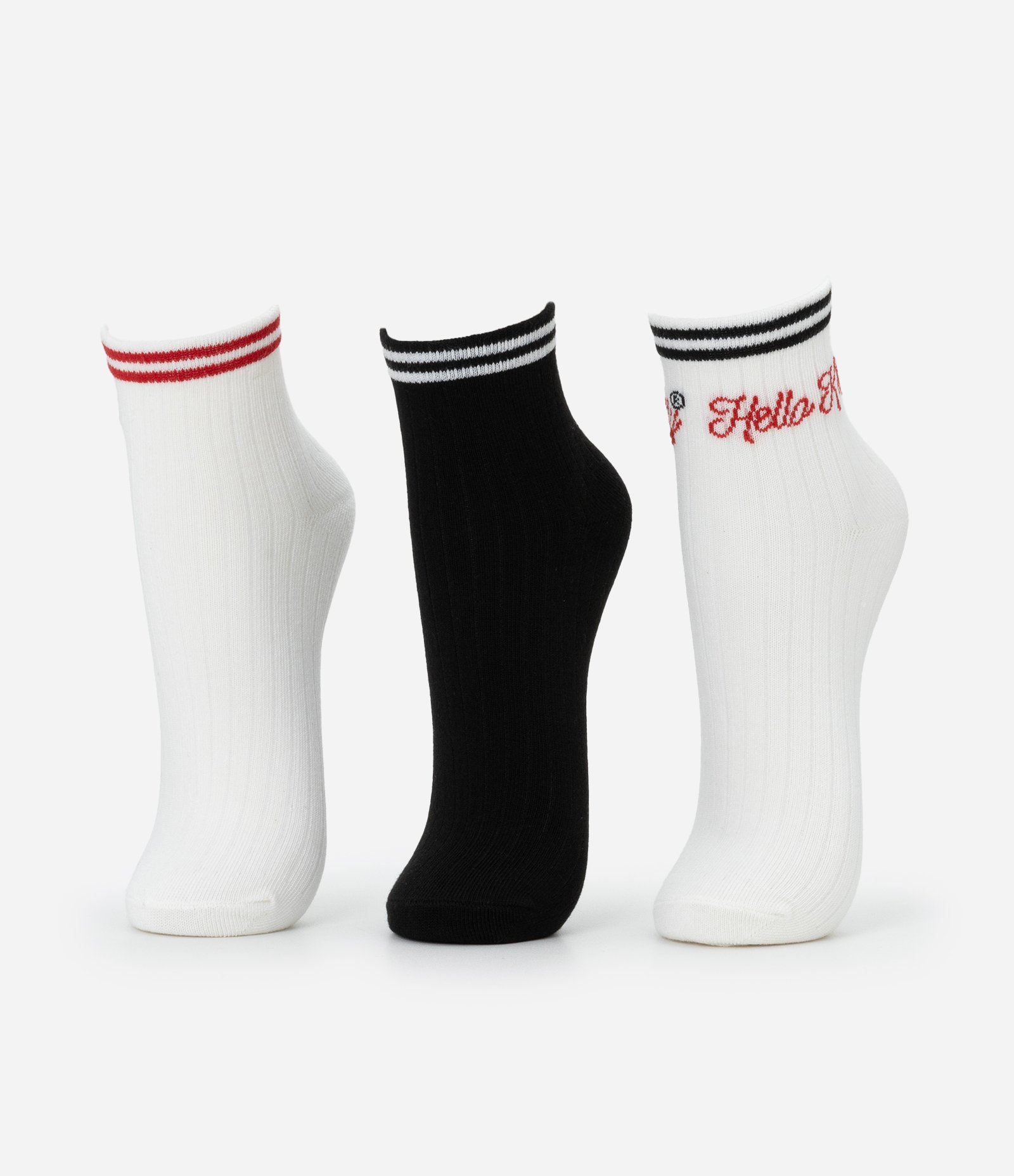 Kit 03 Meias Cano Médio com Bordado Hello Kitty Branco/Preto 2