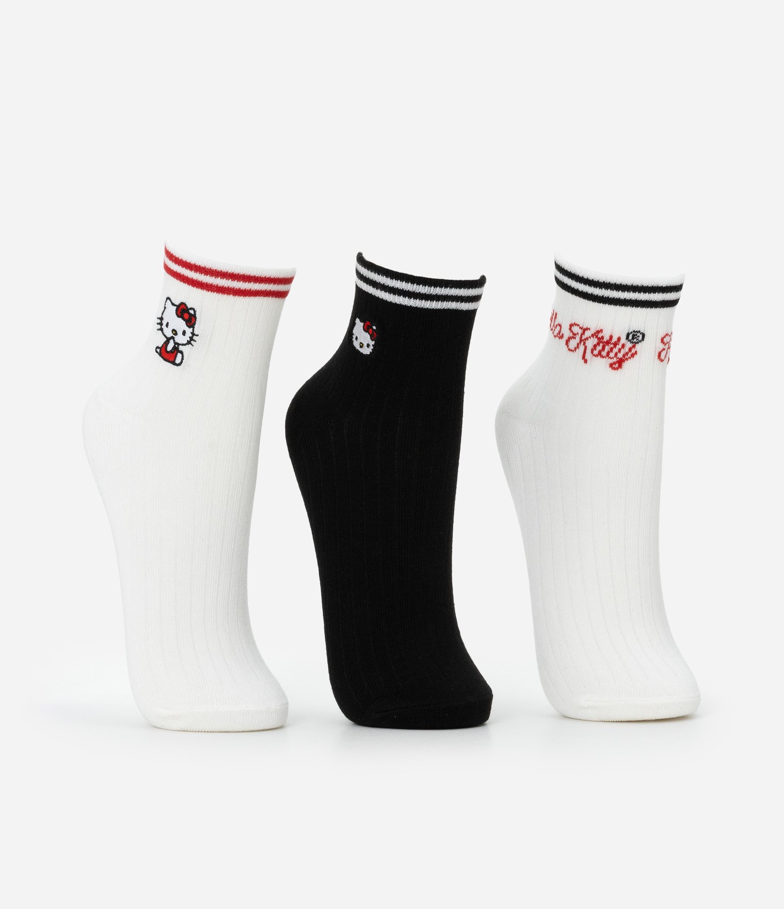 Kit 03 Meias Cano Médio com Bordado Hello Kitty Branco/Preto 3