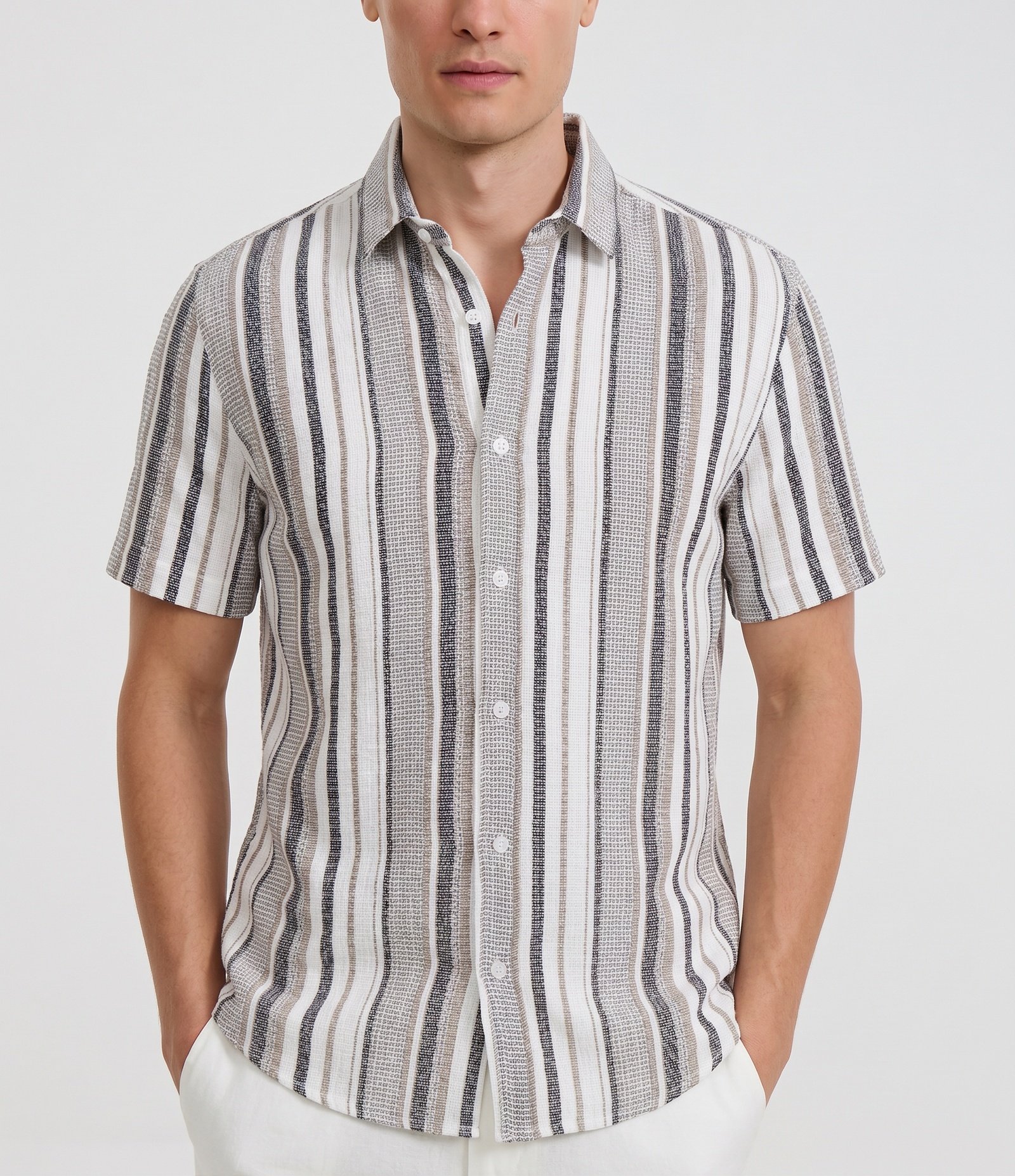 Camisa em Algodão com Textura e Listras Bege/Cinza 3