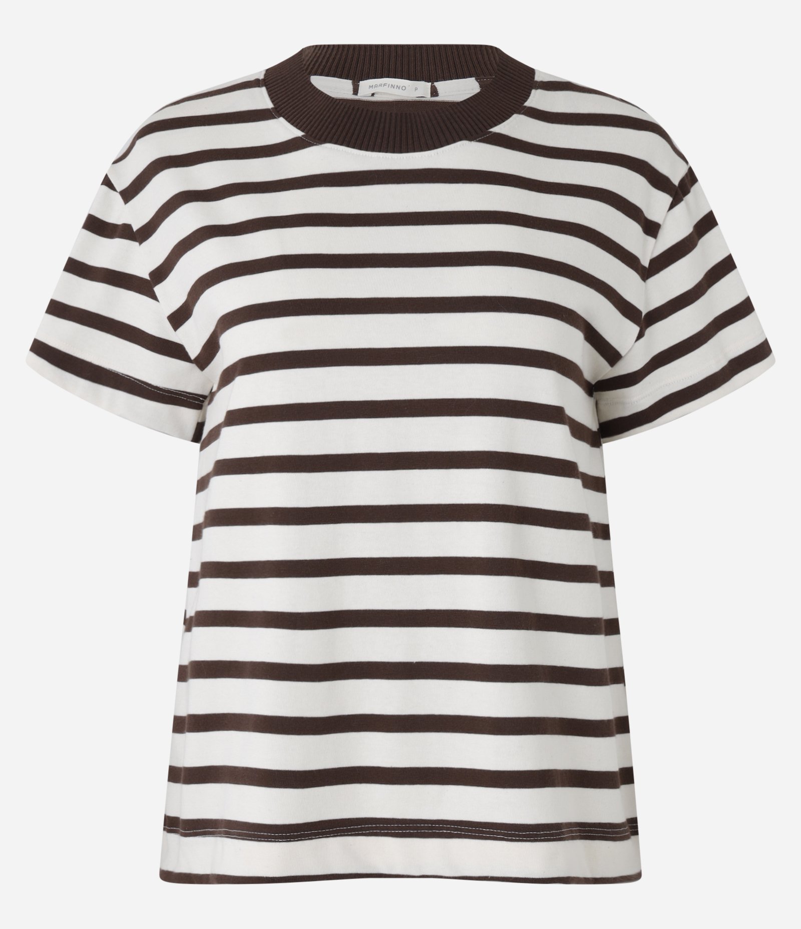 Blusa Slim Listrada em Algodão com Gola Contrastante Marrom/Off White 5