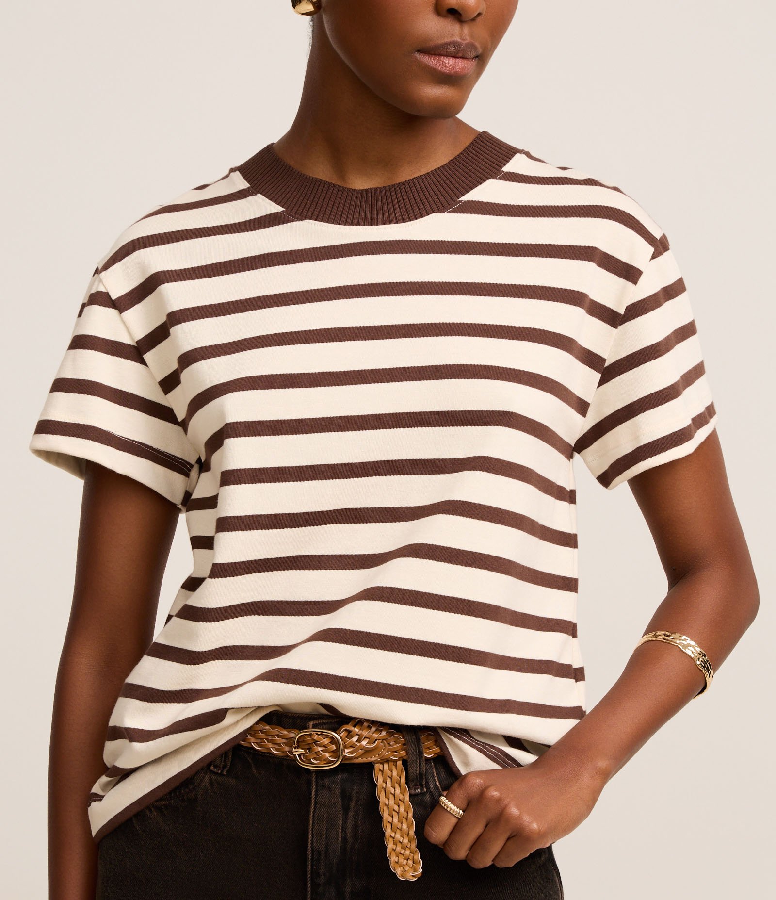 Blusa Slim Listrada em Algodão com Gola Contrastante Marrom/Off White 4